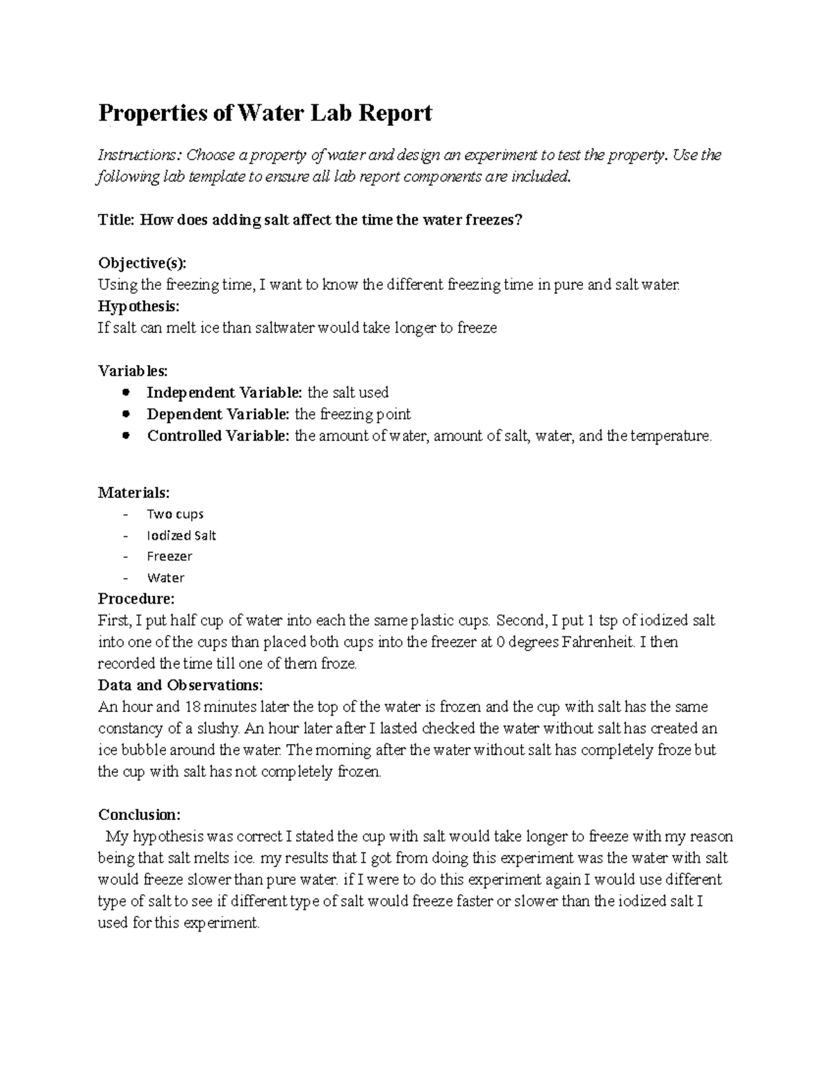 Properties Of Water Lab Report Properties Of Water Lab Report 