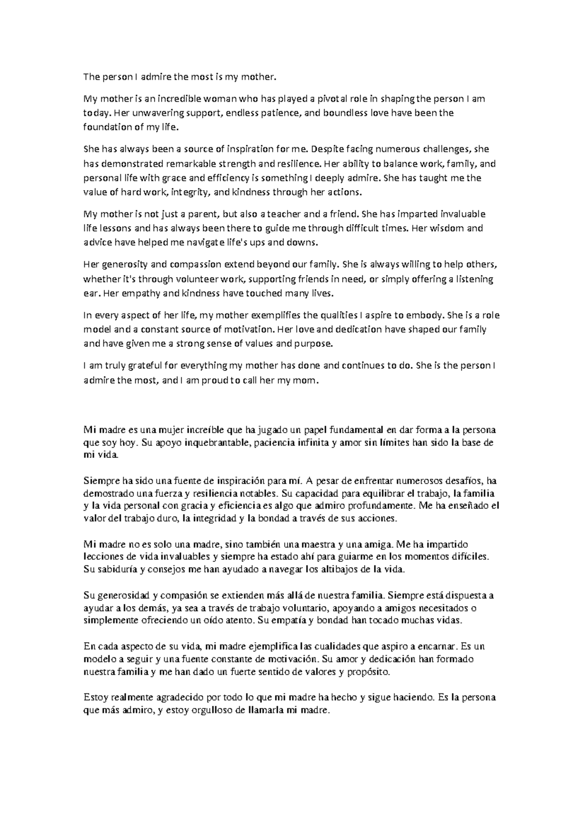 Ingles 2 clases de ingles - The person I admire the most is my mother ...