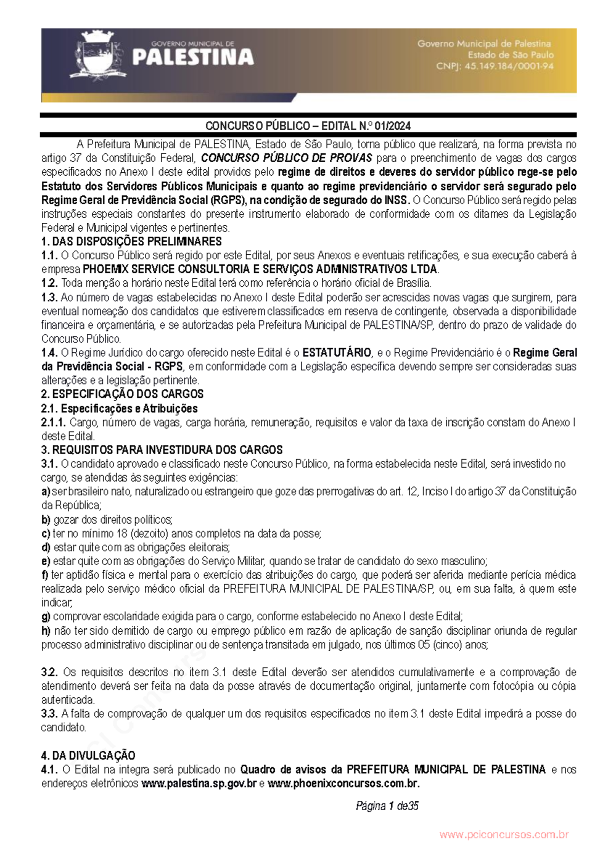 Edital De Abertura N 01 2024 - Página 1 De 35 3535 CONCURSO PÚBLICO ...