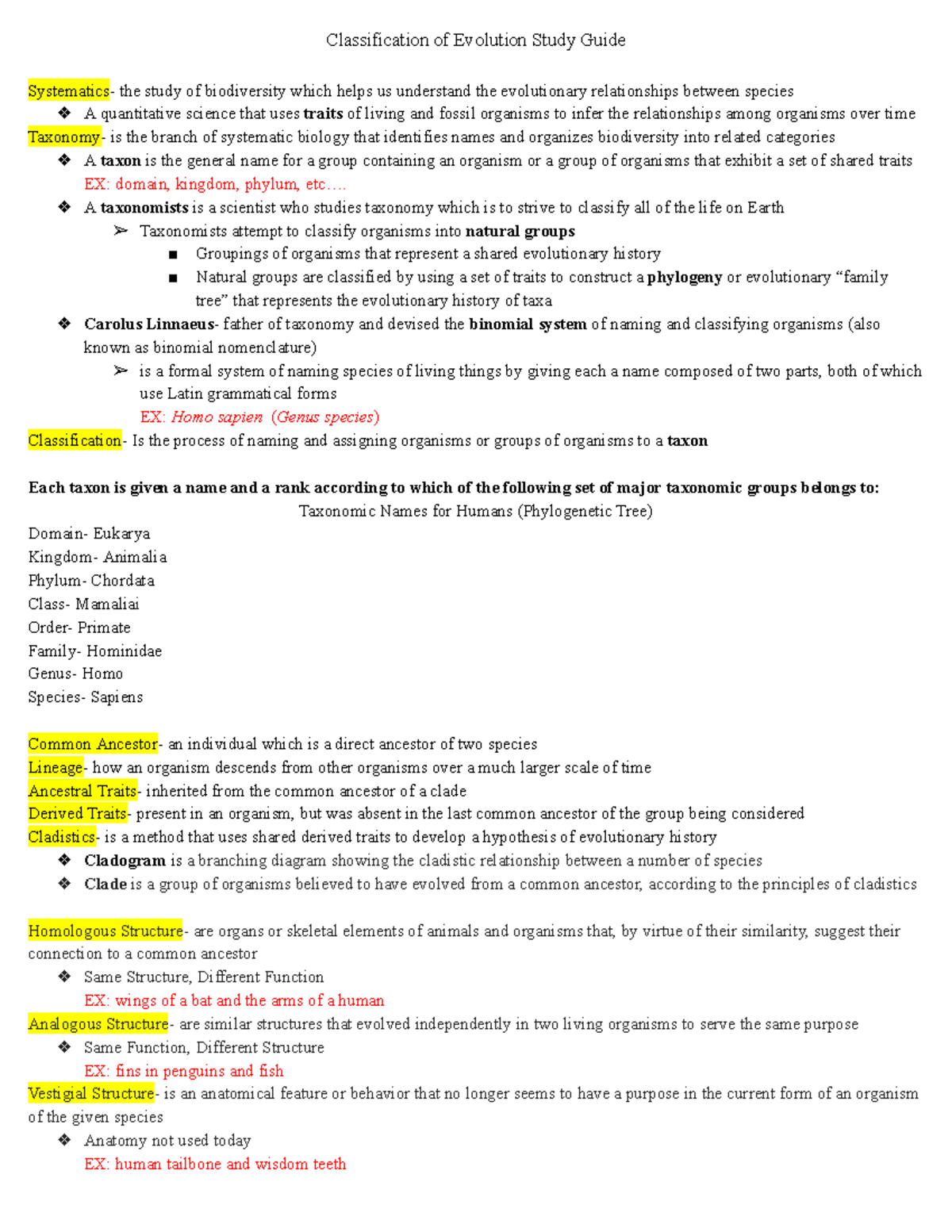 Classisfication of Evolution Study Guide - Classification of Evolution ...