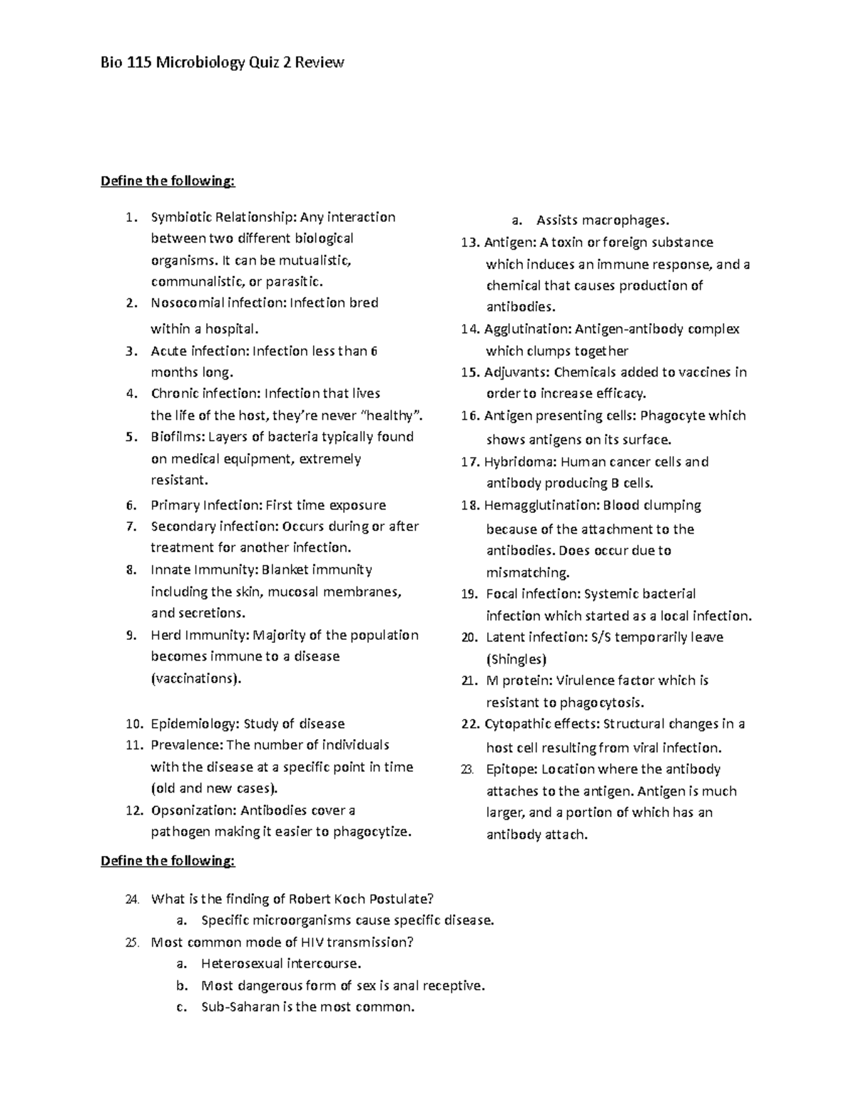 Quiz 2 Guide Revised - good notes - Define the following: 1. Symbiotic ...