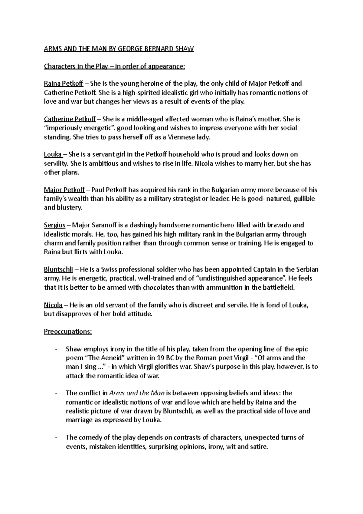 ARMS AND THE MAN in depth notes that give a proper explanation ENG