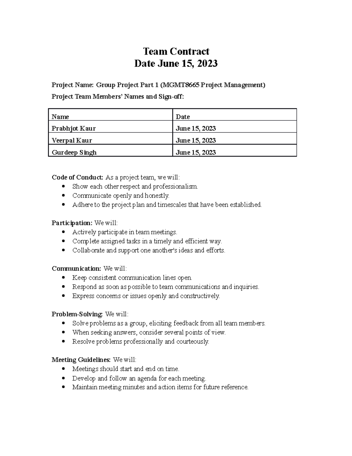 S23-Group 9-MGMT8665-Team Charter and Pledge Form- Group Project Part 1 ...