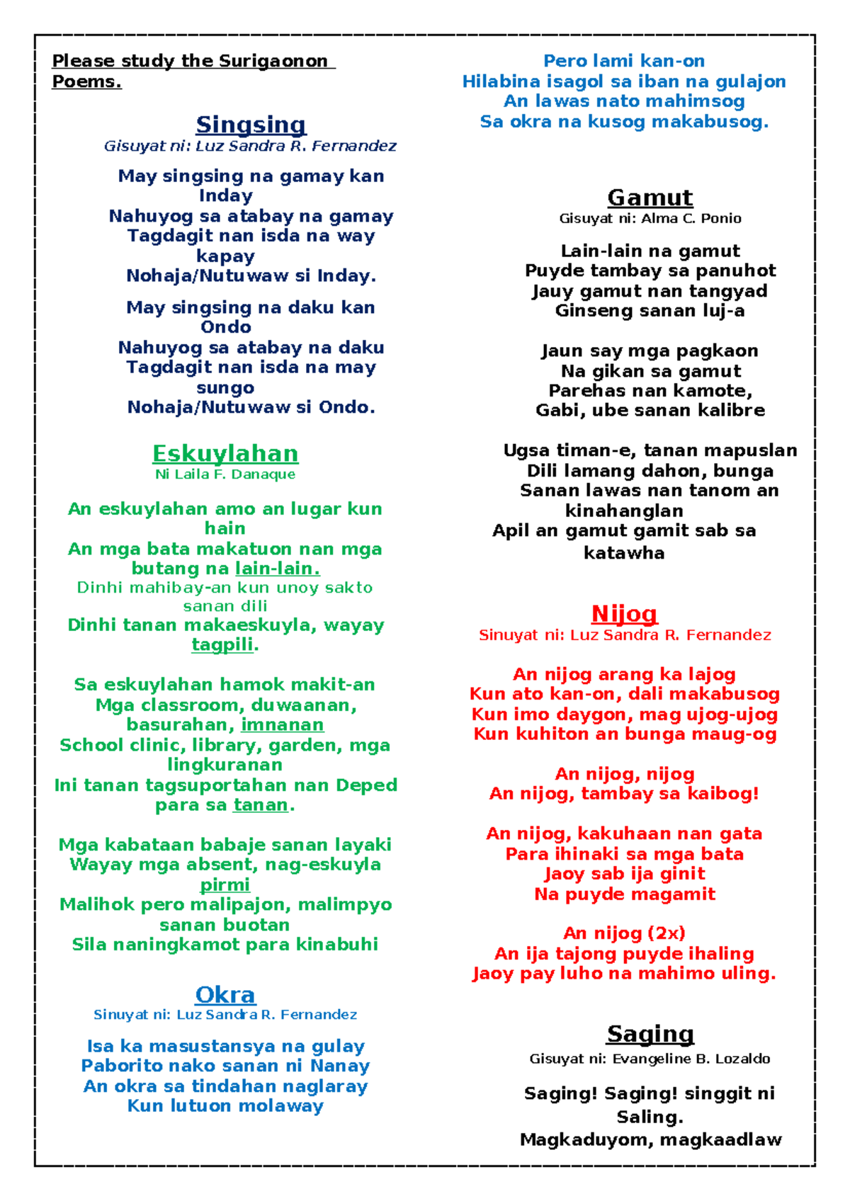 Poems-surigaonon - Surigaonon Poems - Please study the Surigaonon Poems ...