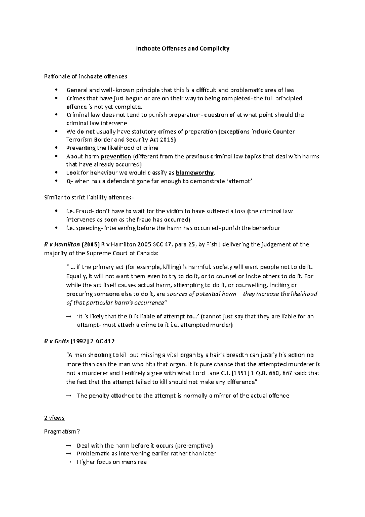 Topic 9 Inchoate Offences and Complicity Inchoate Offences and