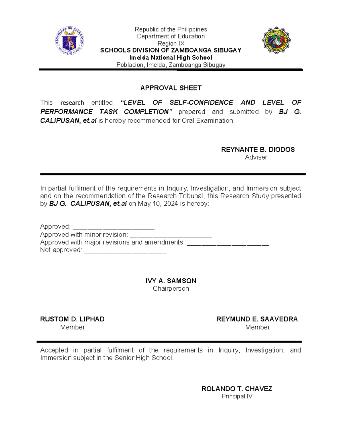 Approval-Sheet-SHS-2024 - Republic of the Philippines Department of ...