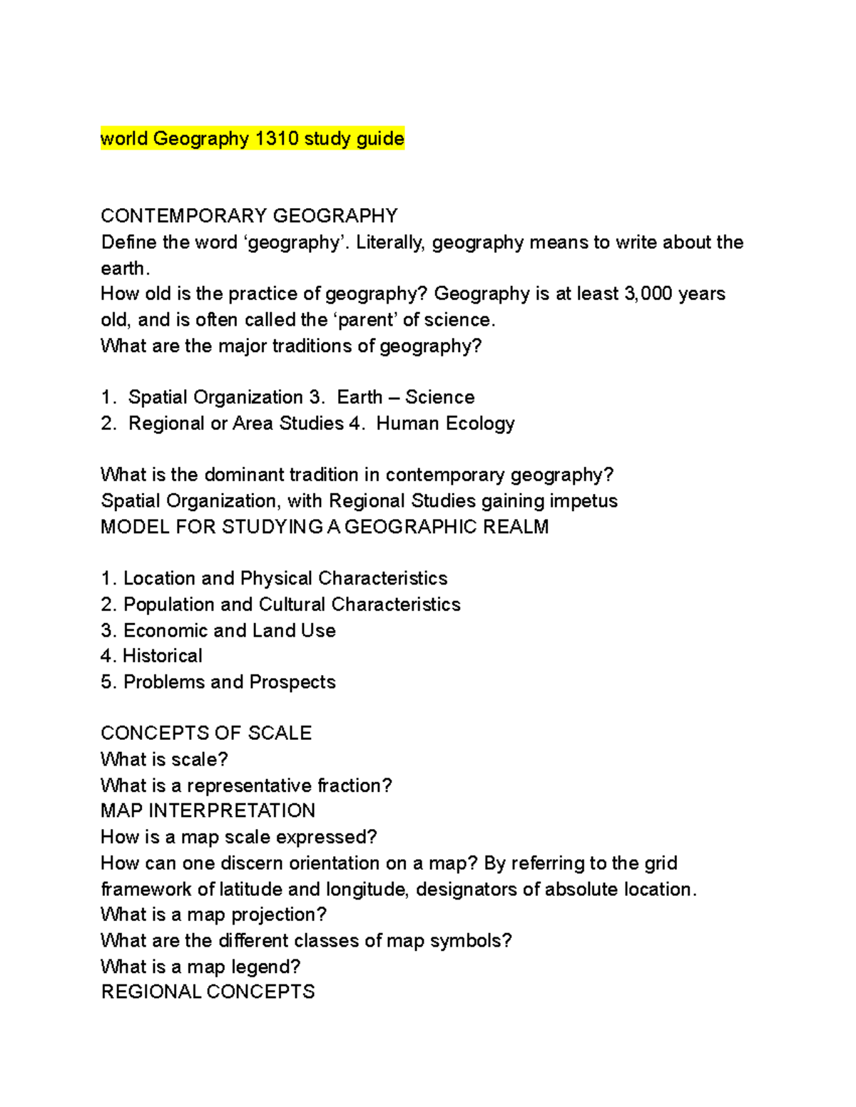 World Geography 1310 study guide world Geography 1310 study guide