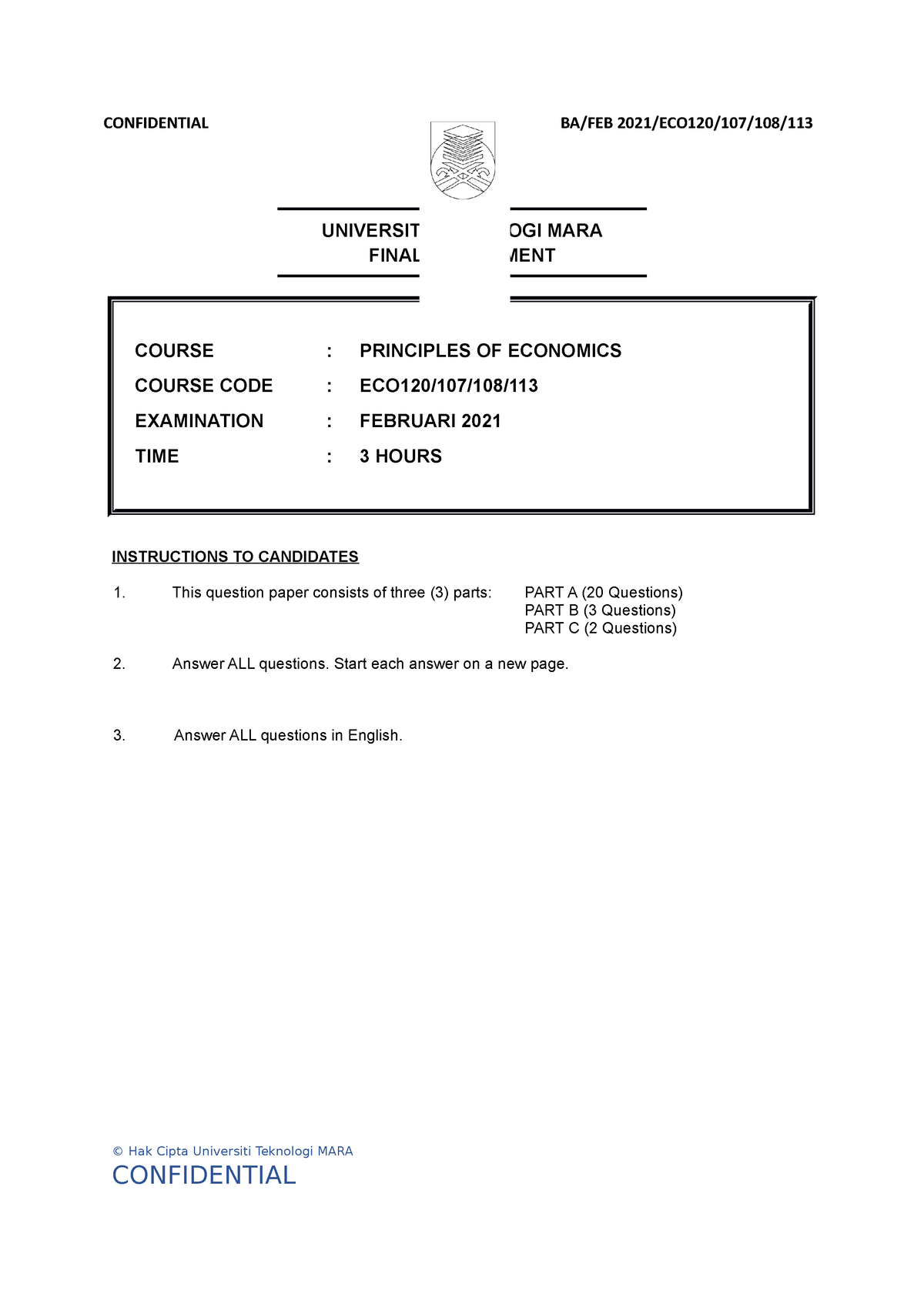 ECON ExerciSE PAST Question - CONFIDENTIAL 1 BA/FEB 2021/ECO120/107/108 ...