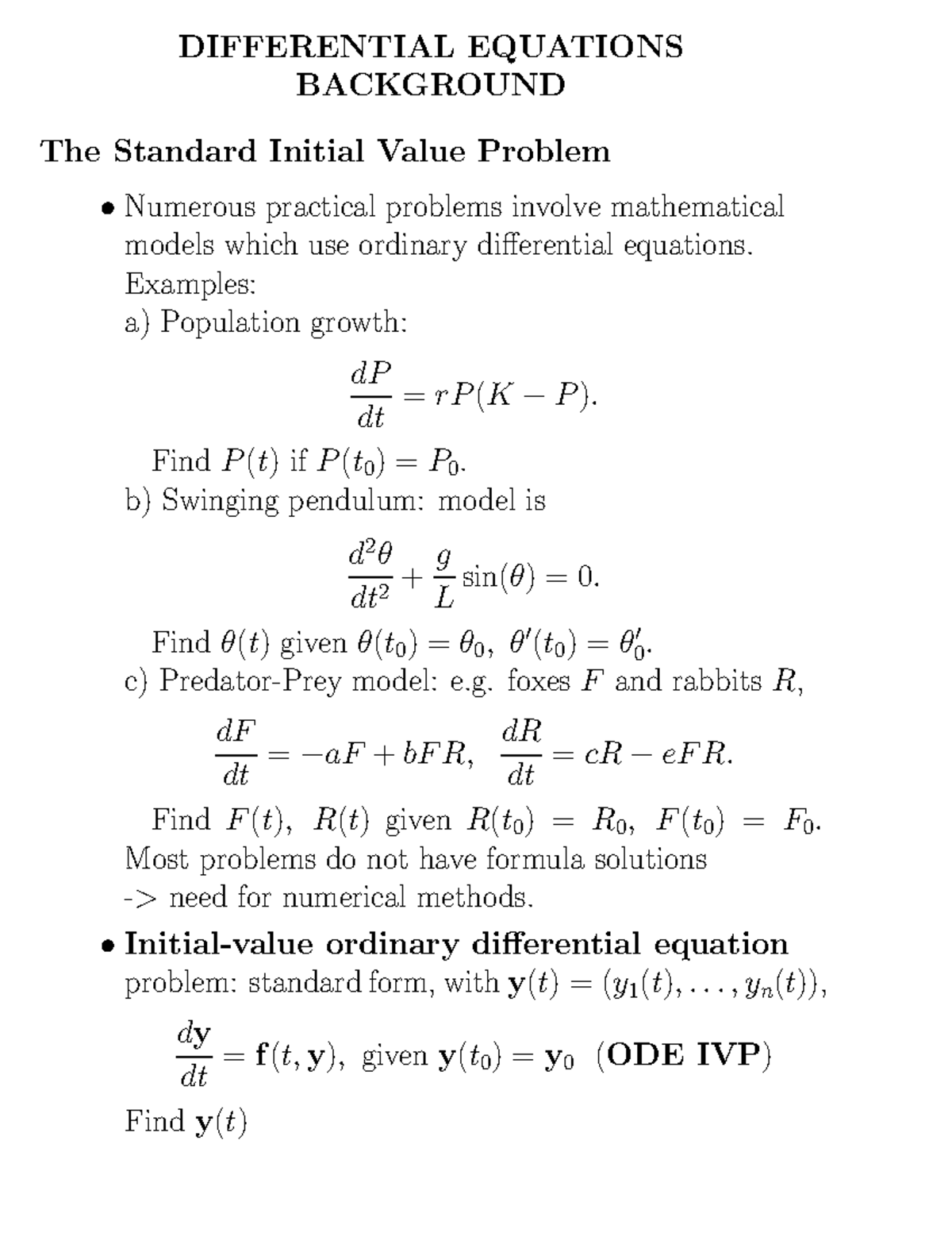 Lecture Notes Lecture 6 Differential Equations Background Differential Equations Background The Standard Initial Value Problem Numerous Practical Problems Studocu