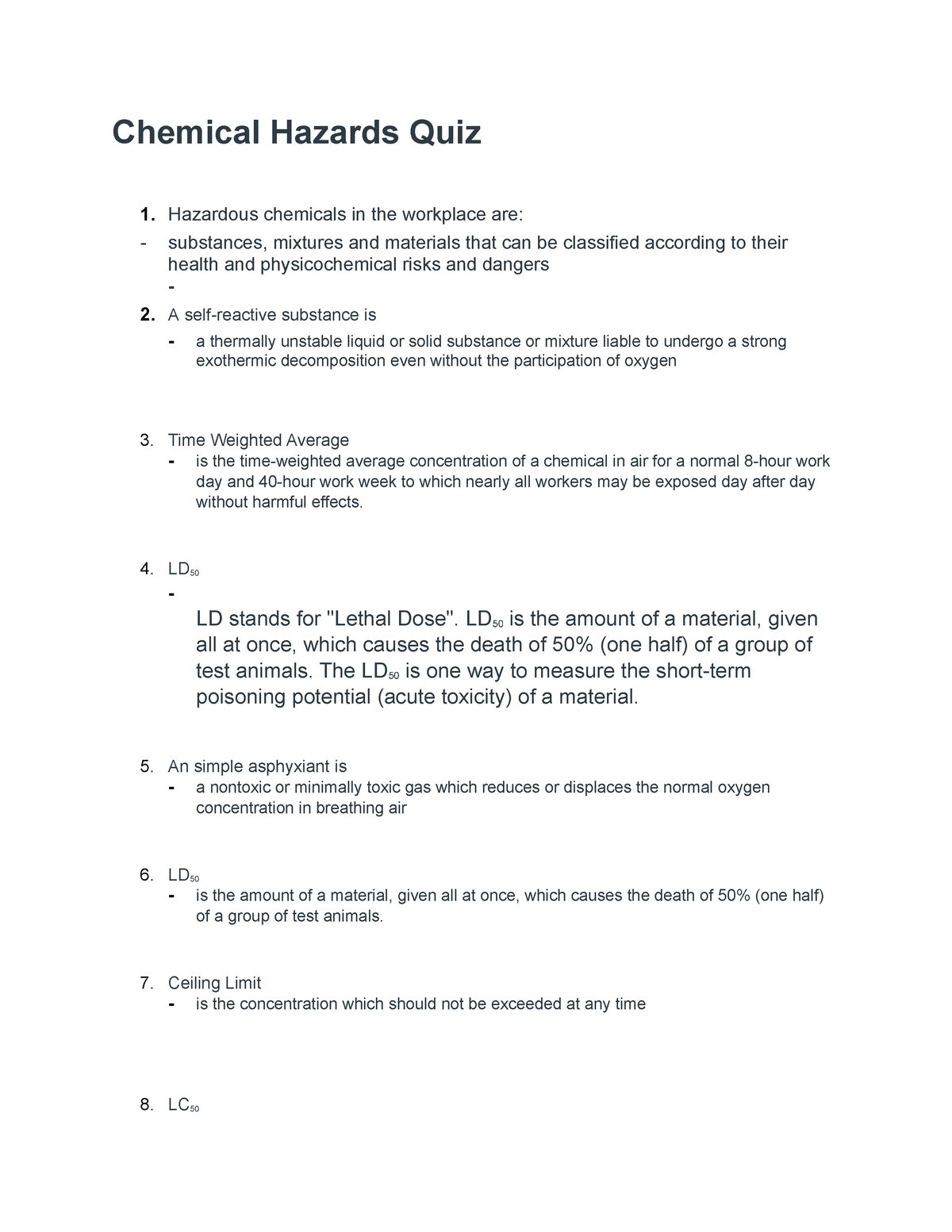 Chemical Hazards Quiz - H&S Quiz - 2020/2021 - Chemical Hazards Quiz 1 ...