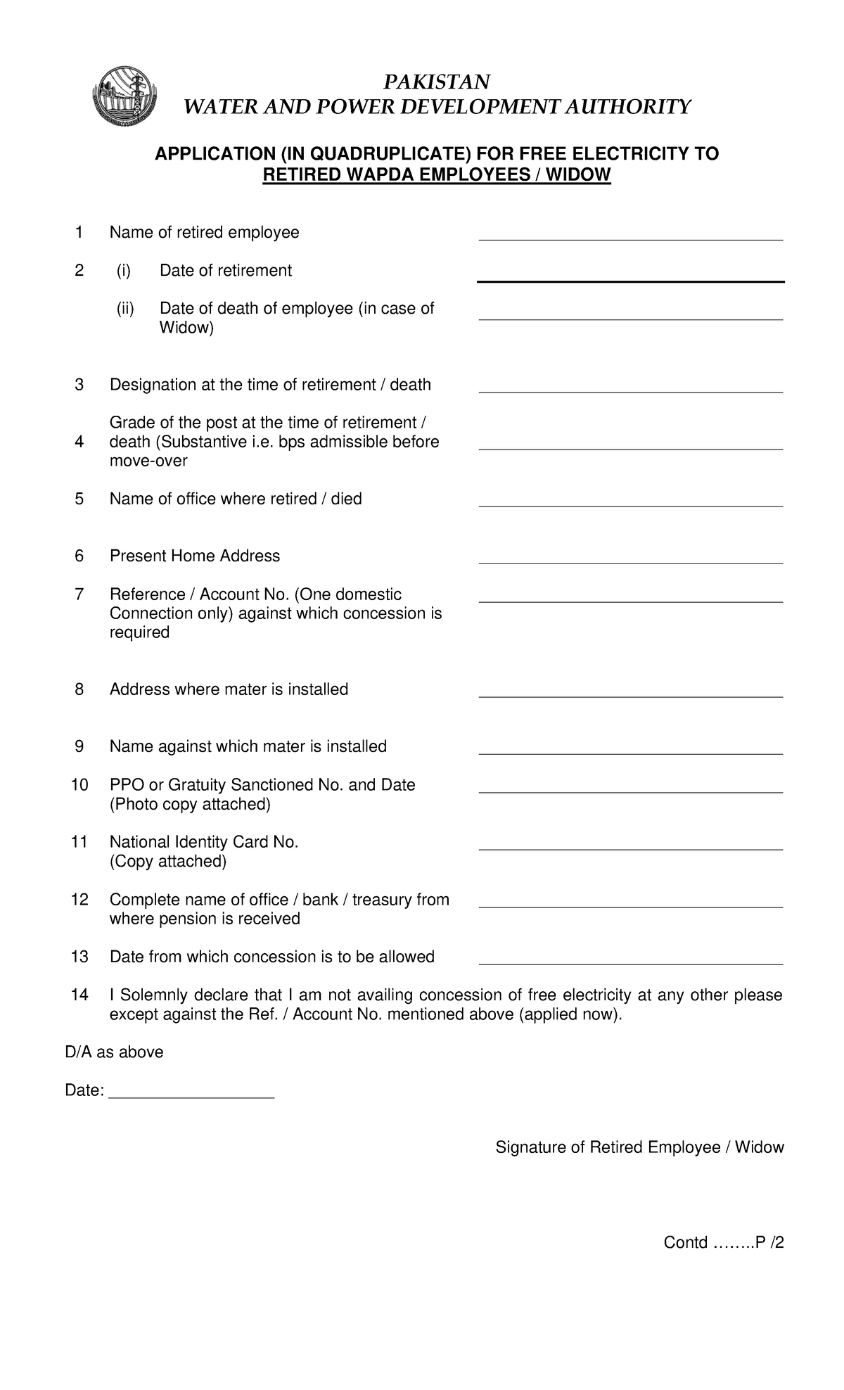 Free Supply retired employee PAKISTAN WATER AND POWER DEVELOPMENT