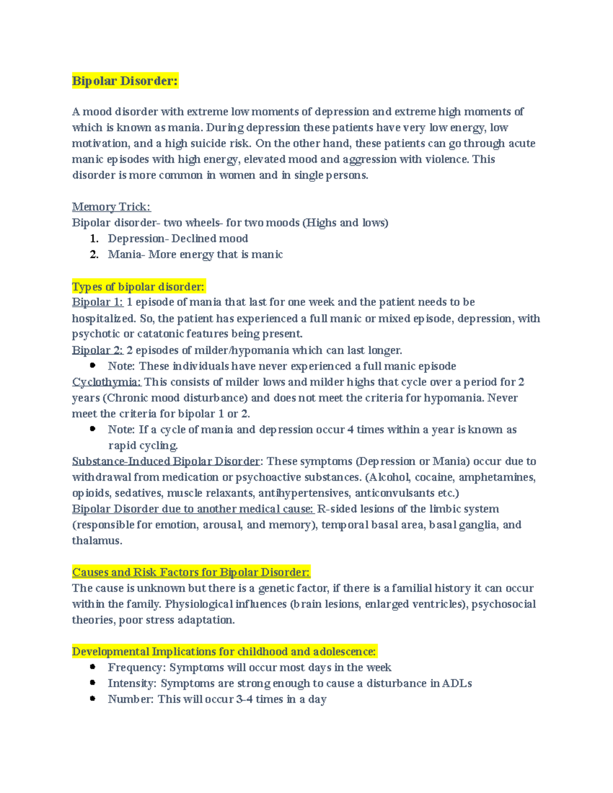 Exam 2 notes - Bipolar Disorder: A mood disorder with extreme low ...