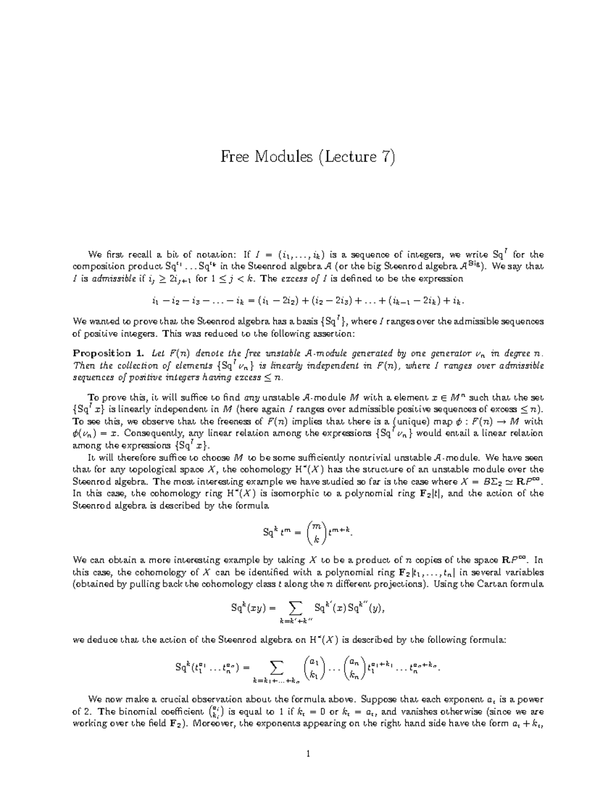 Topics In Algebraic Topology Lecture 7 - X X Free Modules (Lecture 7 ...