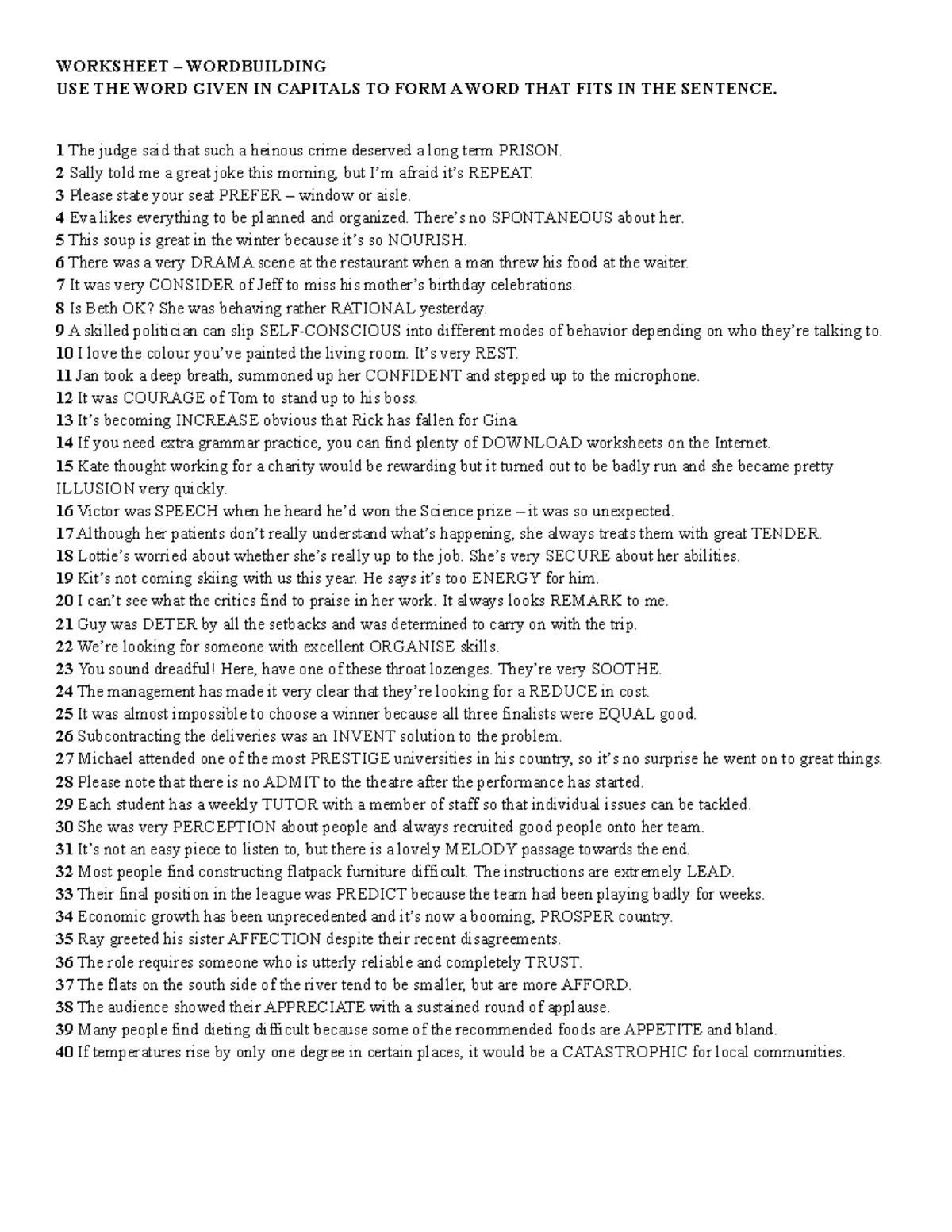 Worksheet, Wordbuilding - WORKSHEET – WORDBUILDING USE THE WORD GIVEN ...