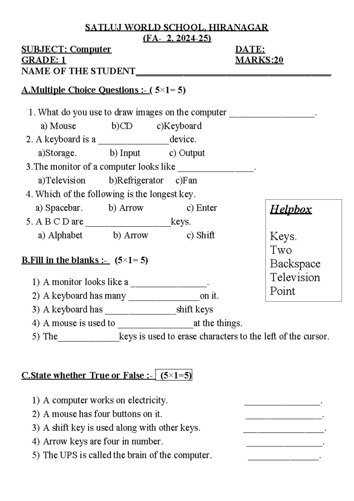 G2 FA 2 computer 2 - SATLUJ WORLD SCHOOL, HIRANAGAR (FA- 2, 2024-25 ...
