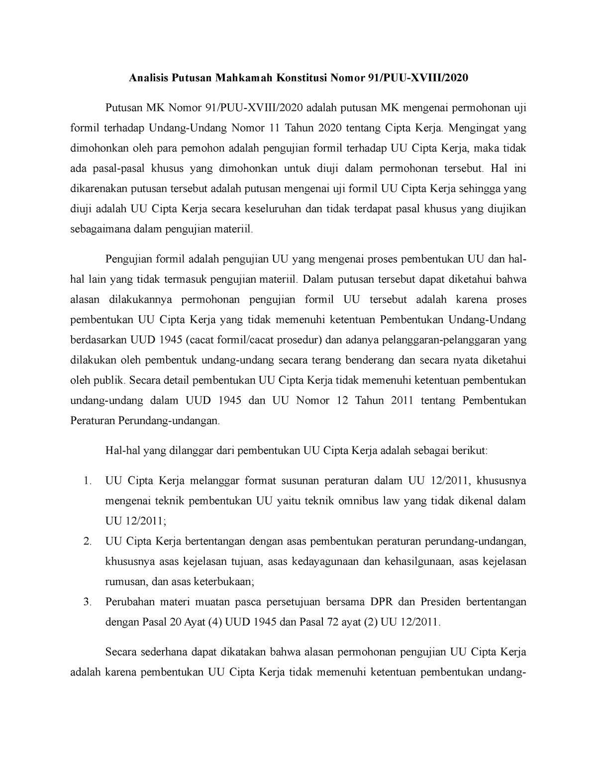 Analisis Putusan Mahkamah Konstitusi Nomor 91/PUU- XVIII/2020 ...