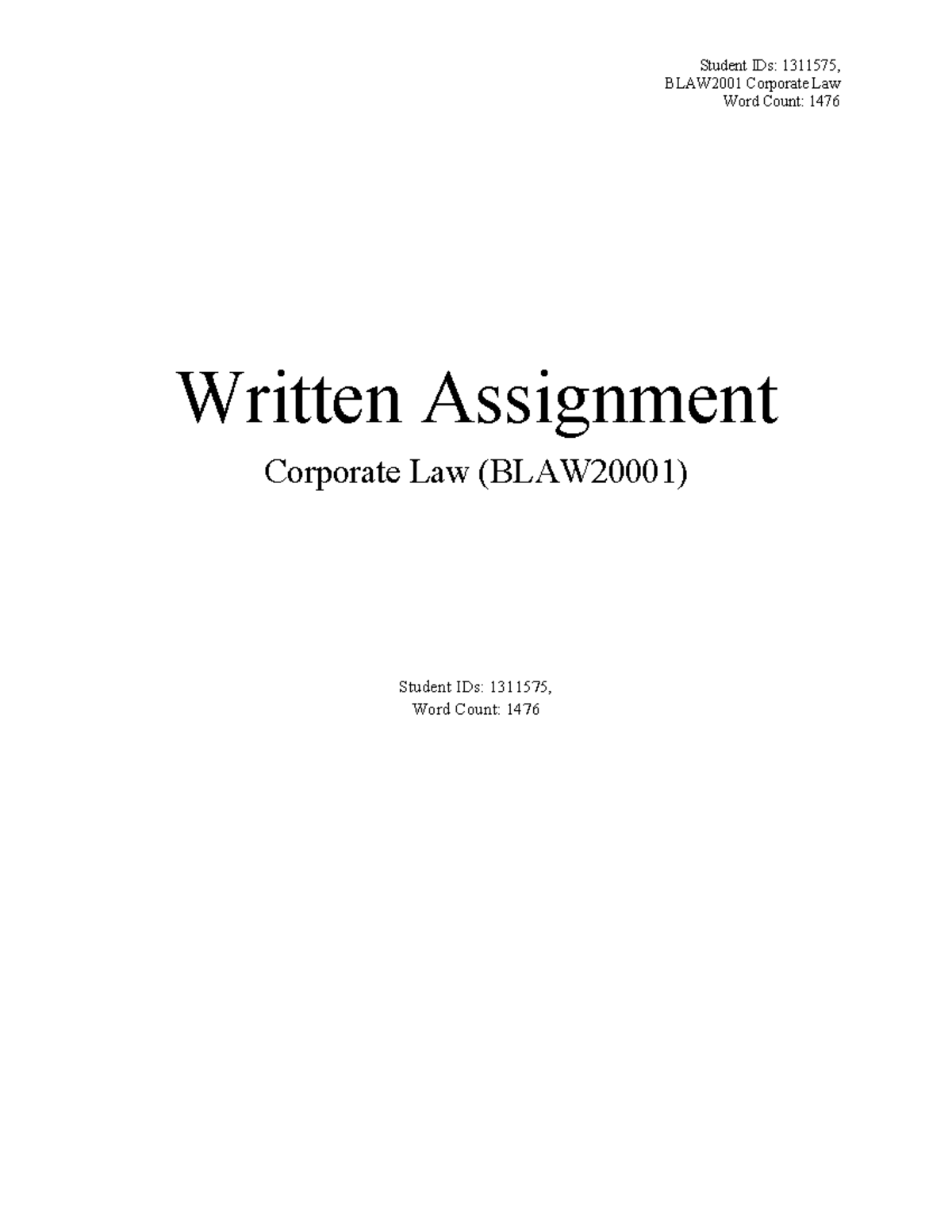 Coporate Law Assignment - BLAW2001 Corporate Law Word Count: 1476 ...
