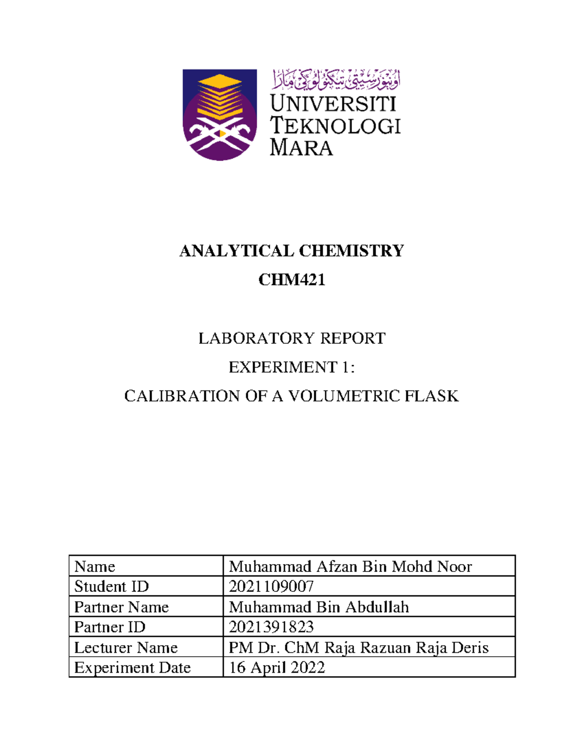 CHM421 Experiment 1 - LAAB REPORT 1 - ANALYTICAL CHEMISTRY CHM ...