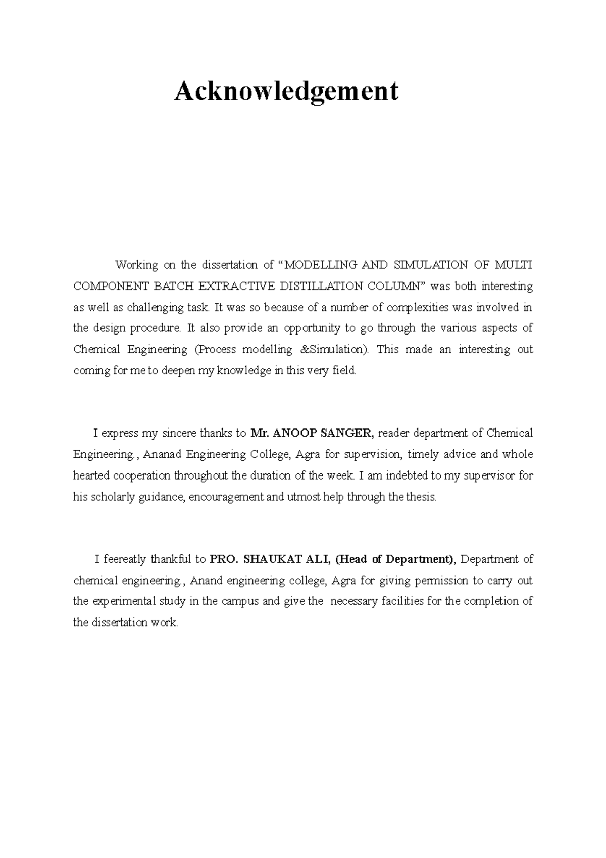 Extractive Distillation Report - Acknowledgement Working on the ...