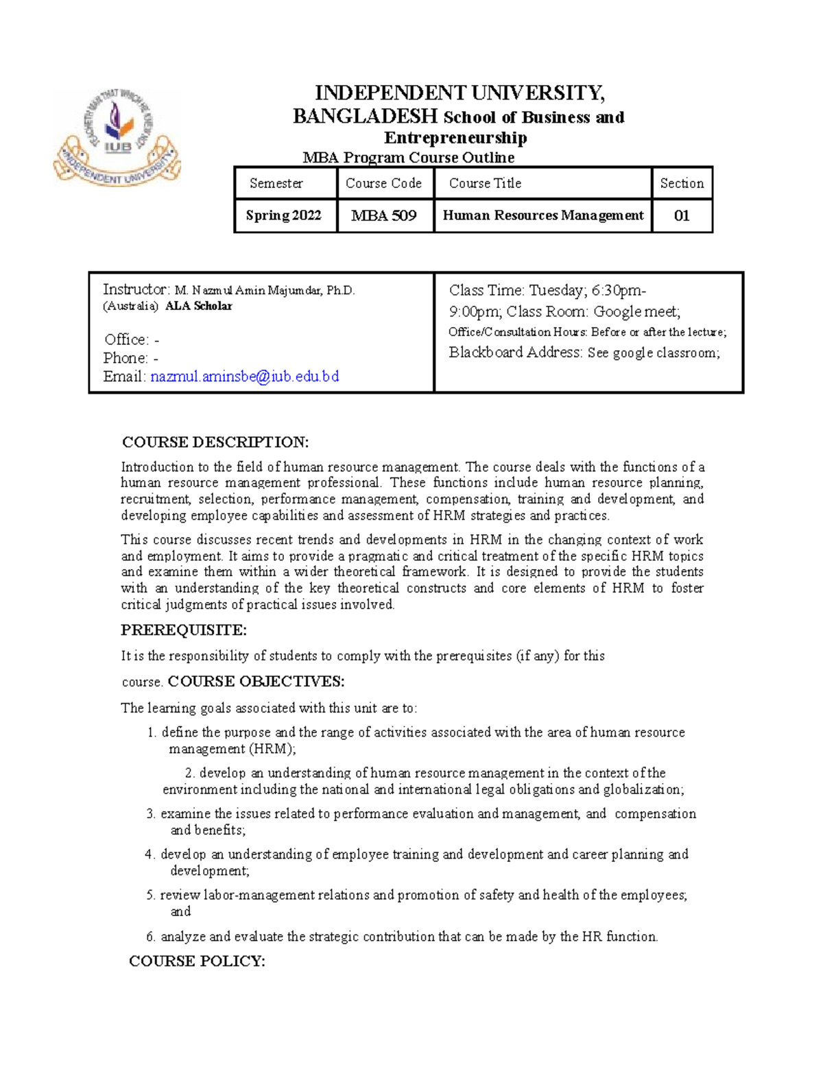 MBA 509-1 HRM Course outline Spring 2022 - INDEPENDENT UNIVERSITY ...