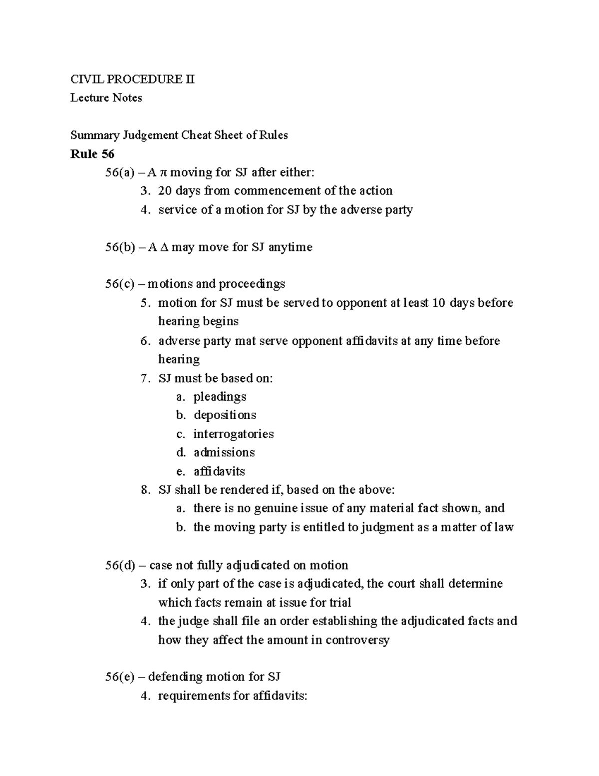 Summary Judgement Cheat Sheet of Rules CIVIL PROCEDURE II Lecture Notes Summary Judgement