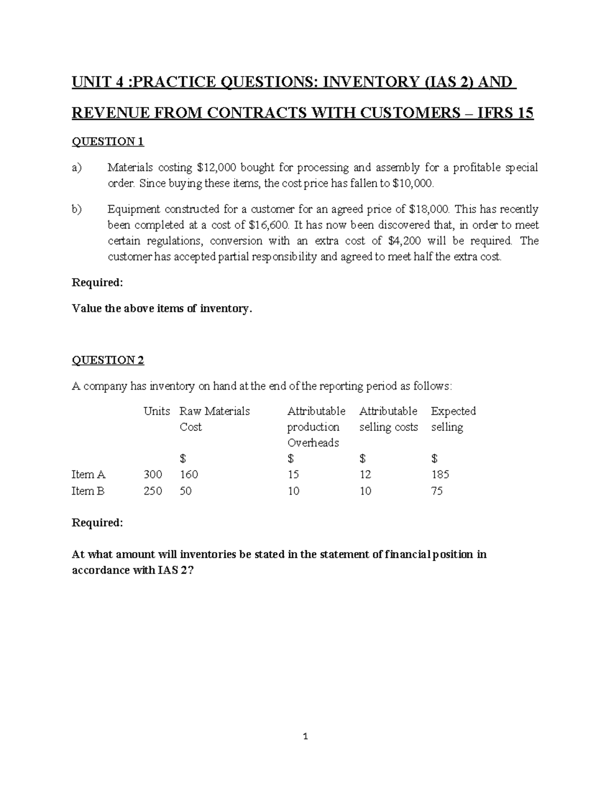 UNIT 4 Practice Questions - Inventory Construction Contracts- February ...