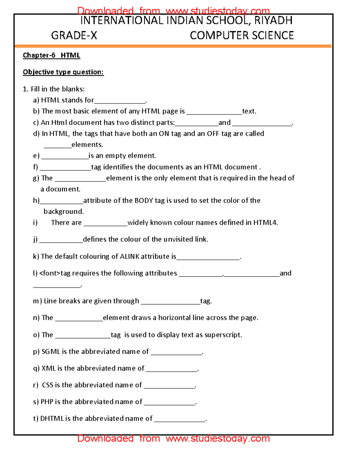 CBSE Class 10 Computer Science HTML Worksheet - INTERNATIONAL INDIAN 