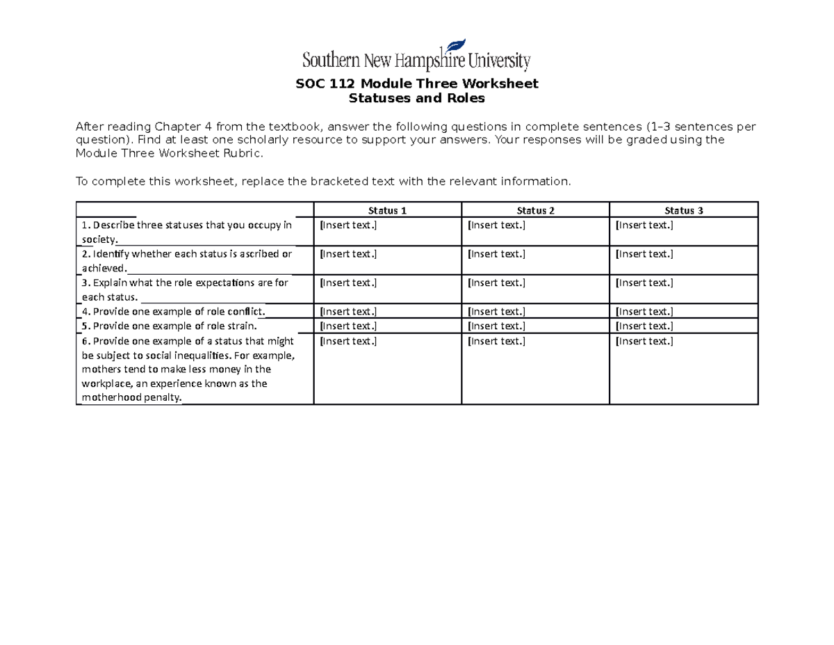 SOC 112 Module Three Worksheet - SCS 100 - SNHU - Studocu