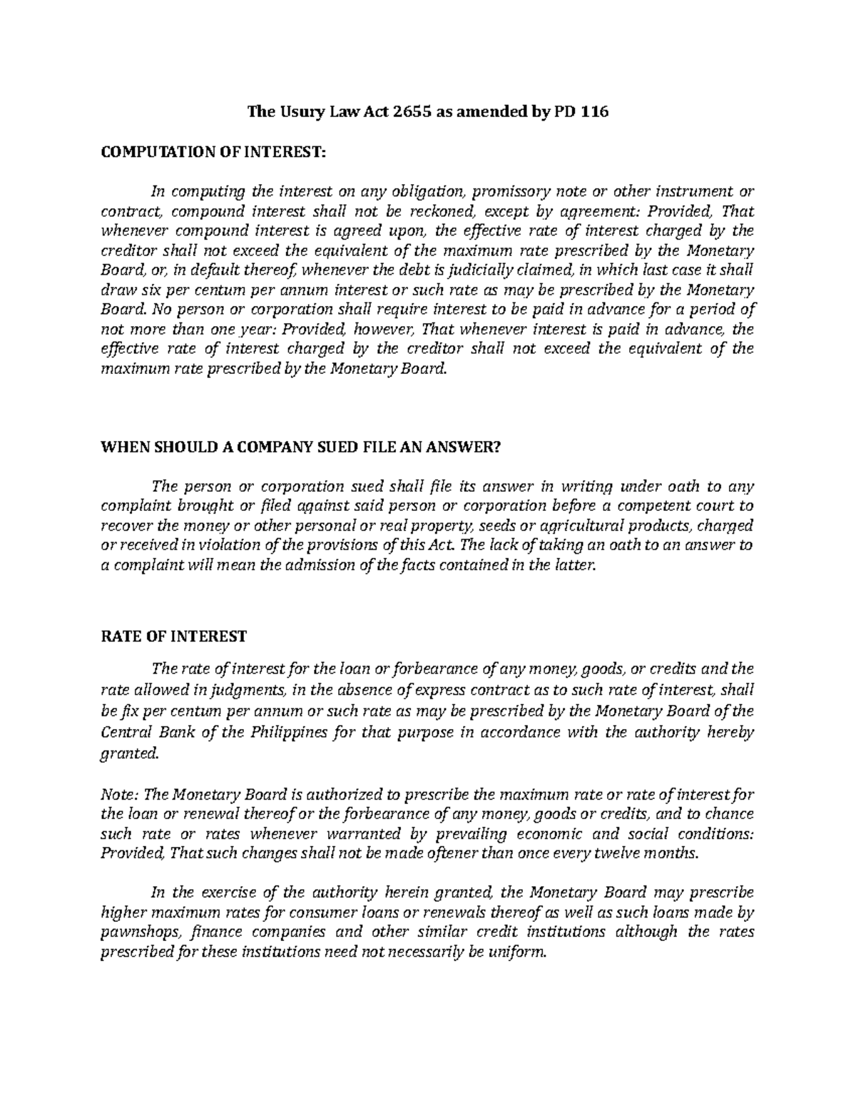 Notes091121 Usury Law Notes The Usury Law Act 2655 as amended by