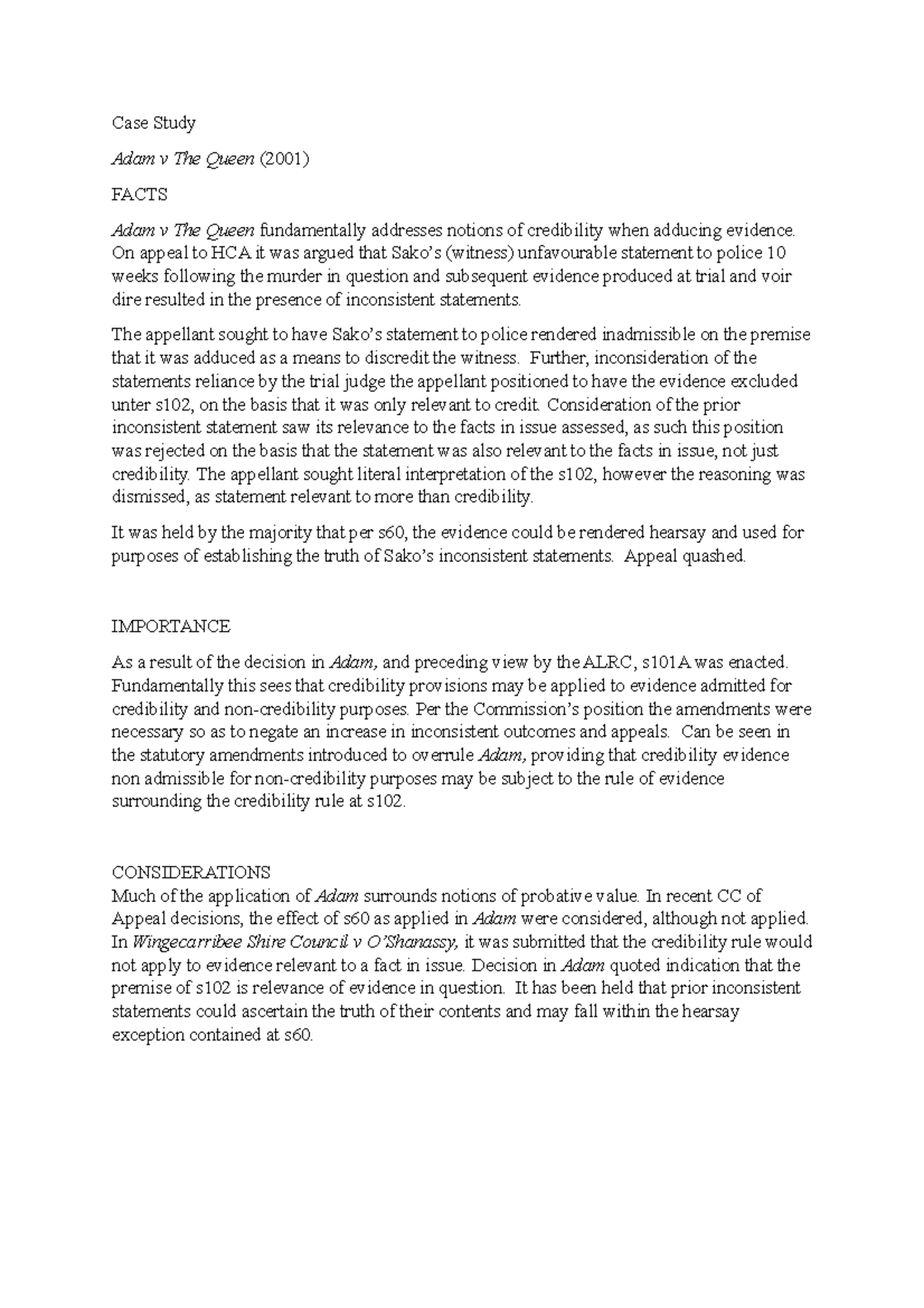 Case Study Adam v The Queen - Case Study Adam v The Queen (2001) FACTS ...