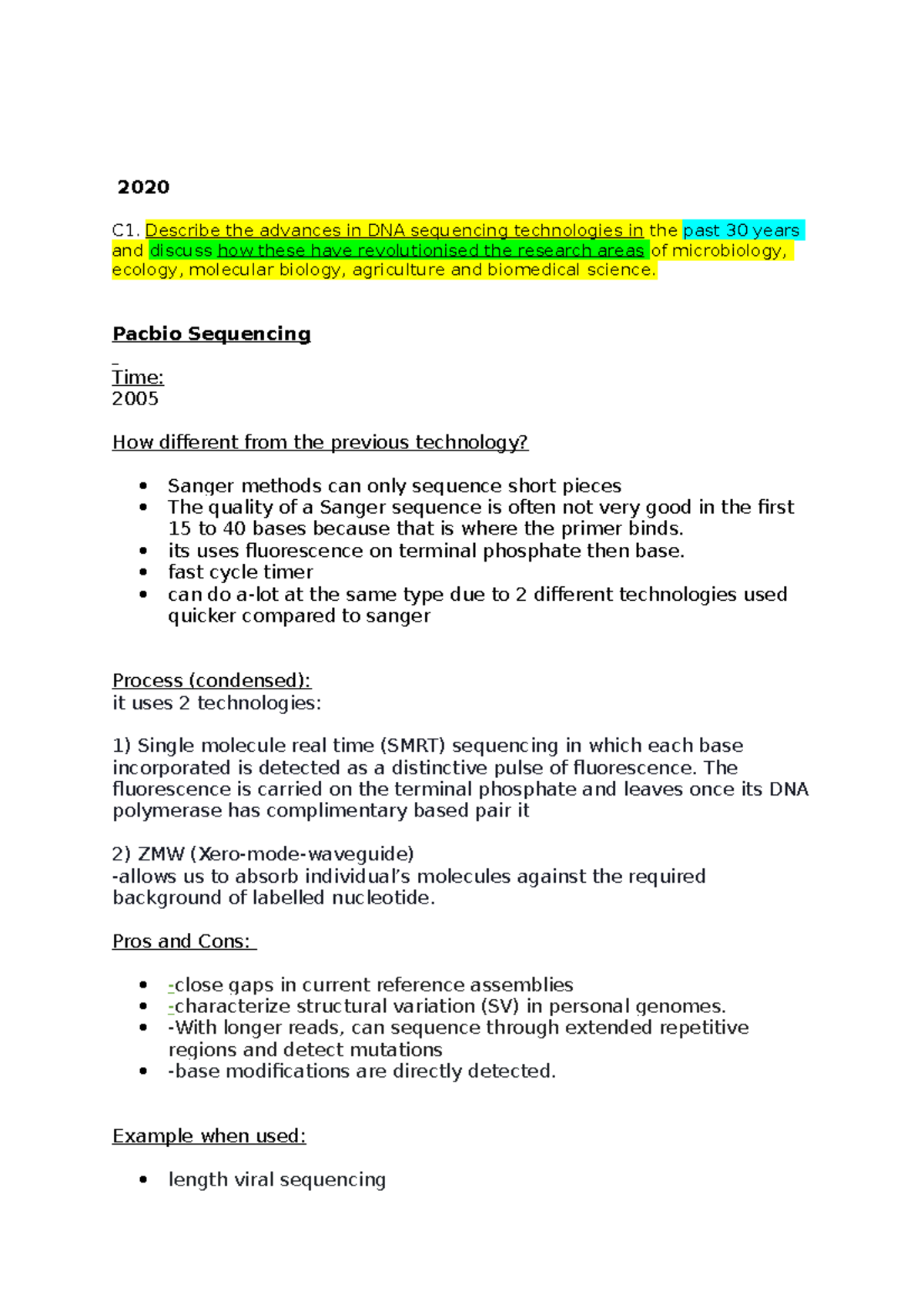 Describe advances in DNA sequencing - 2020 C1. Describe the advances in ...