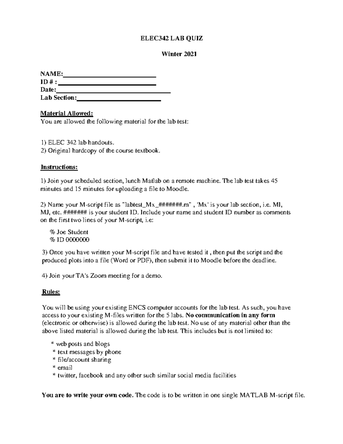 Test e Lab exam ELEC342 LAB QUIZ Winter 2021 NAME ID Date Lab