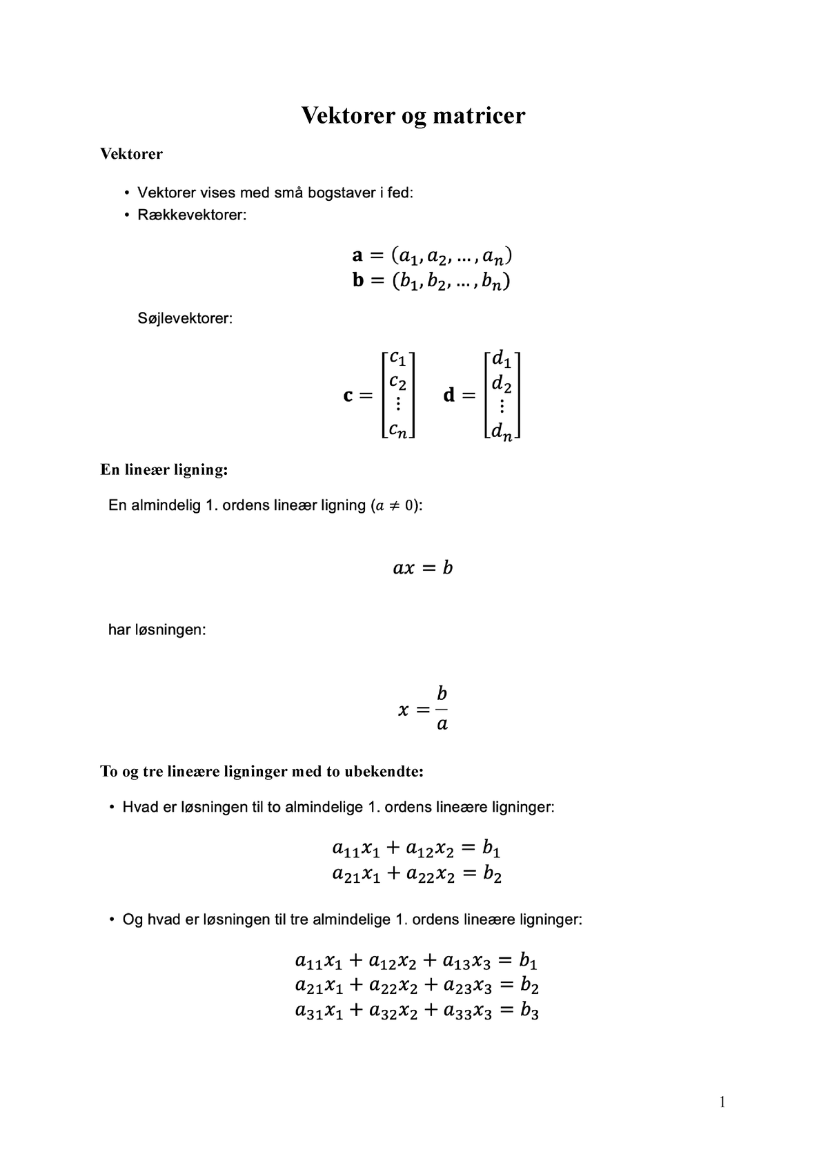 Vektor Og Matrix - Vektorer Og Matricer Vektorer En Lineær Ligning: To ...