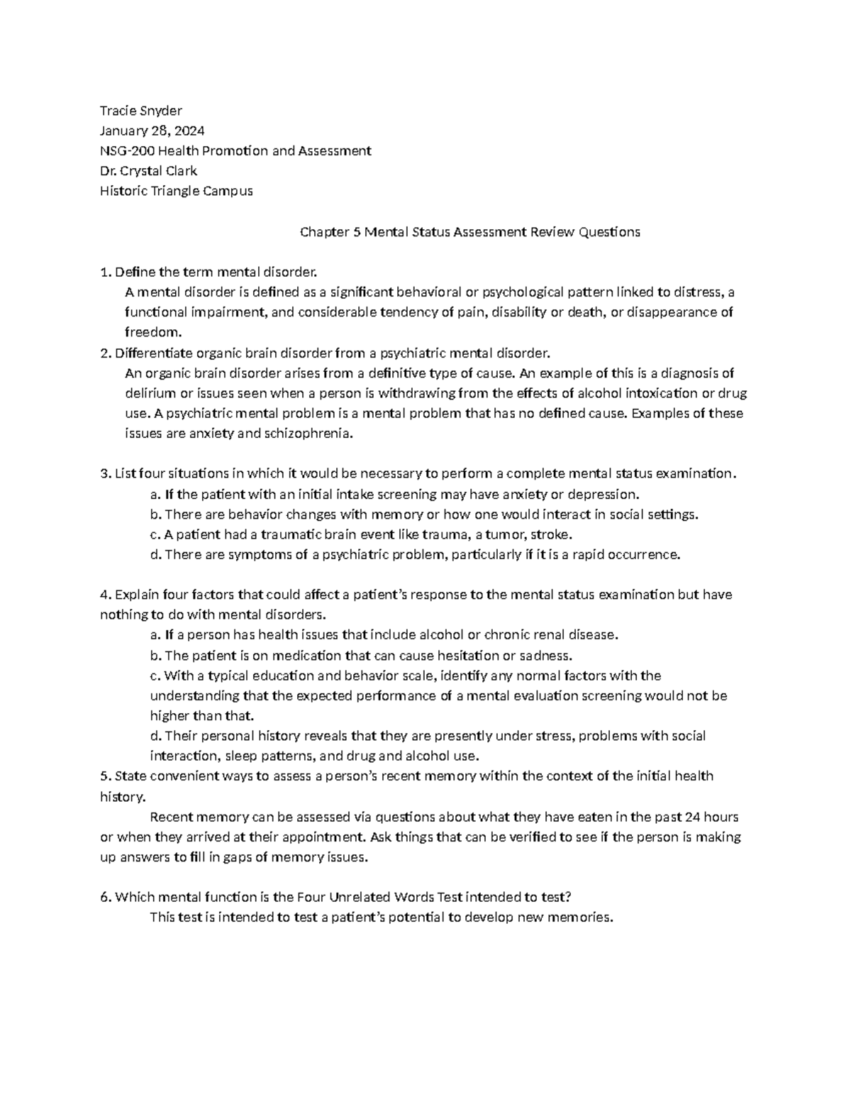 Chapter 5 Mental Status Assessment - Tracie Snyder January 28, 2024 NSG ...