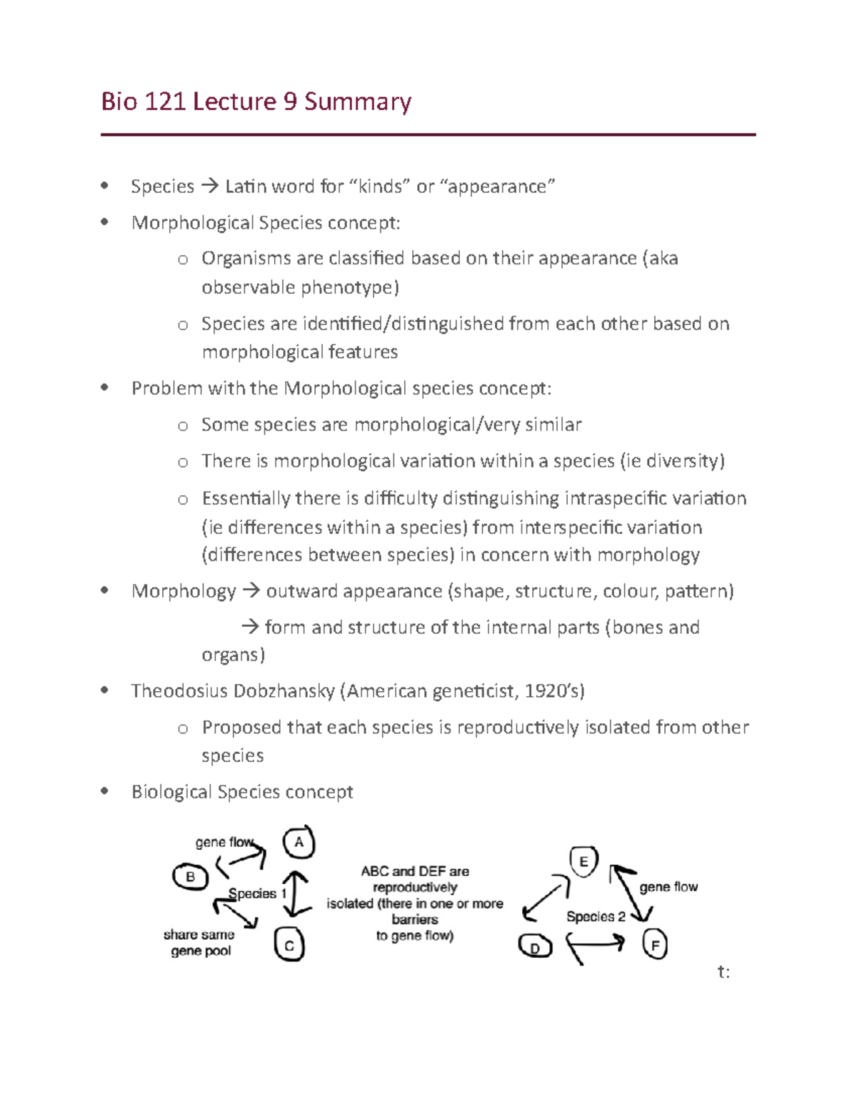 Lecture 9 Summary Bio 121 Lecture 9 Summary Species Latin Word For 