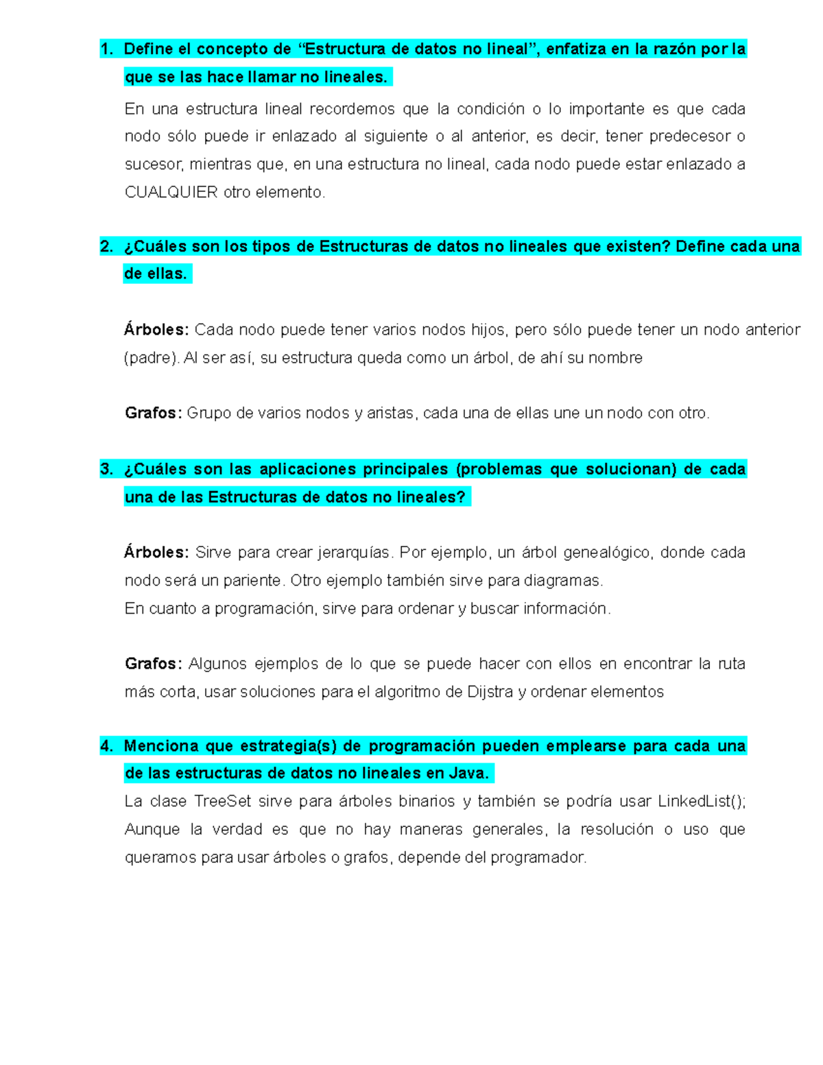 Estructura Datos Cuestonario 4 - 1. Define el concepto de “Estructura de  datos no lineal”, enfatiza - Studocu