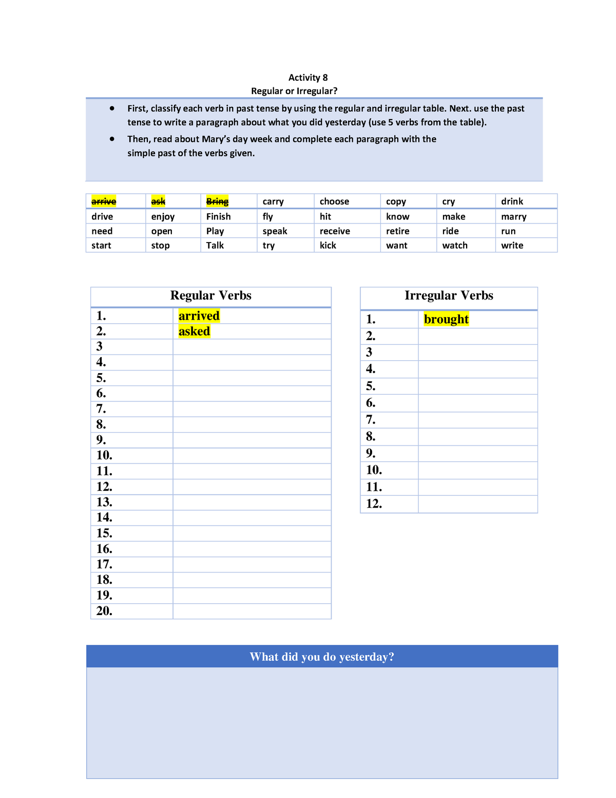 Activity 8 Formato de actividad 8 de ingles basico - Regular Verbs 1 ...