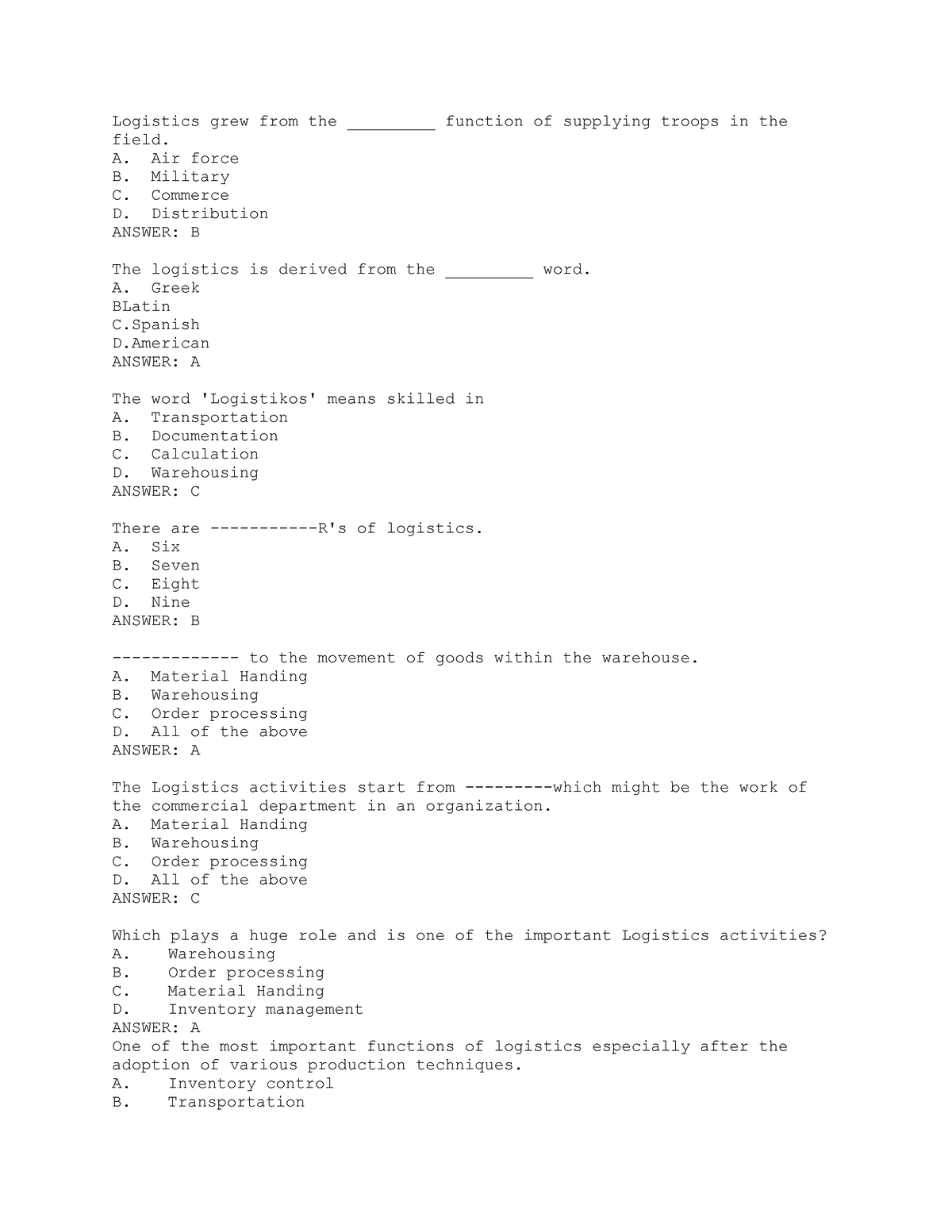 I Yr Fundamentals Of Logistics Management Mcq Questions - Logistics ...