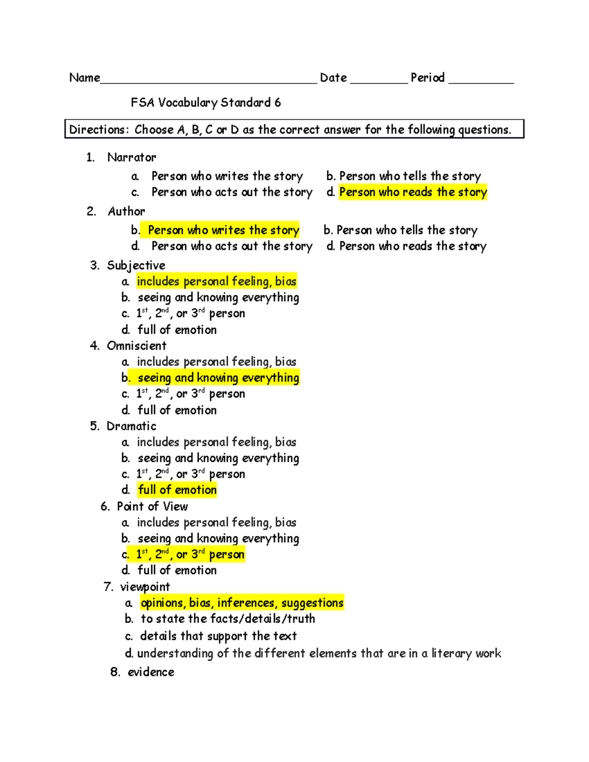 FSA Voc Standard 6 Quiz Done Name______________________________ Date