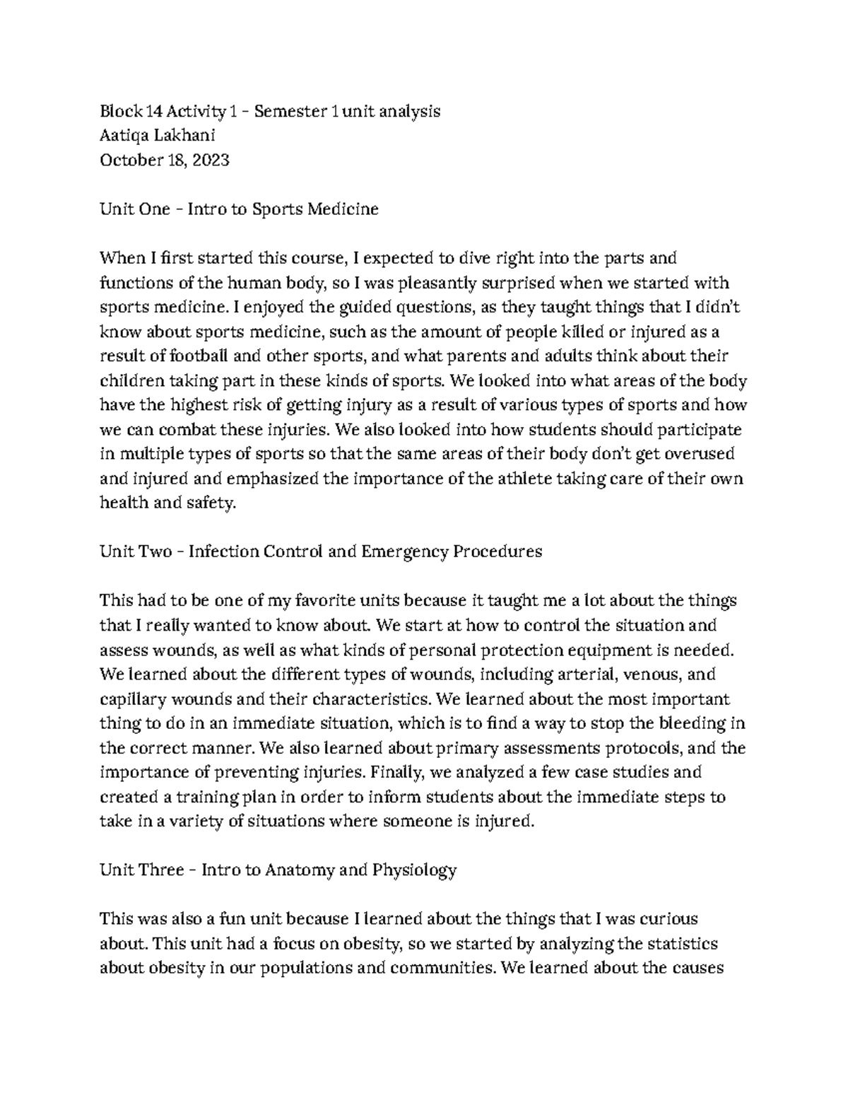 Block 14 Activity 1 Semester 1 unit analysis Block 14 Activity 1
