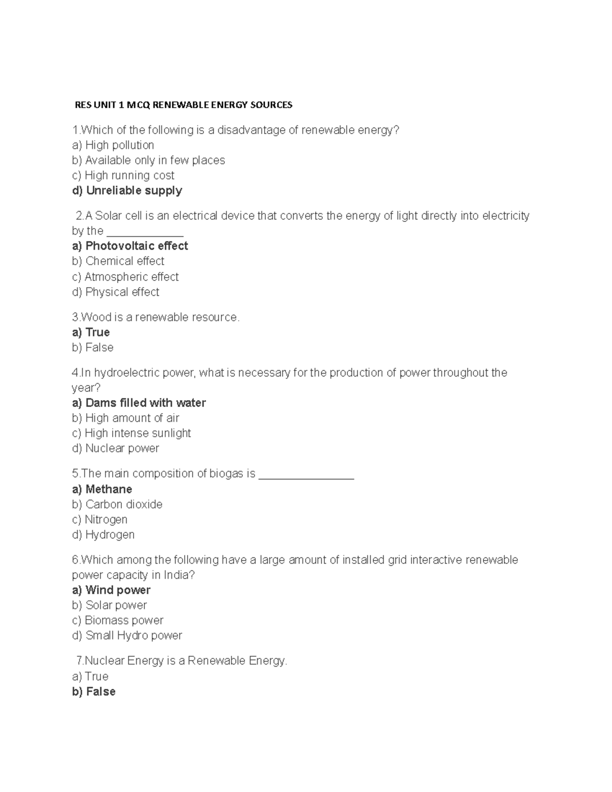 RES UNIT 1 MCQ RES UNIT 1 MCQ RENEWABLE ENERGY SOURCES 1 of the