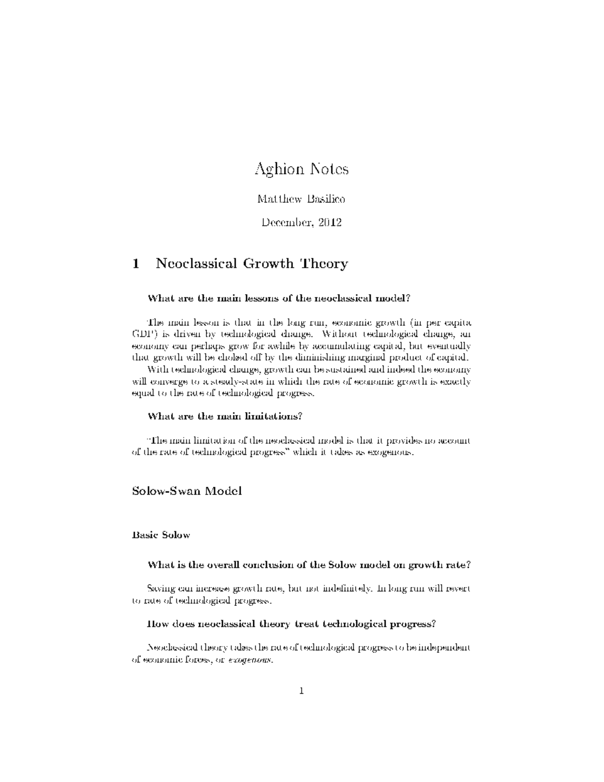 Aghion Notes 2013 Goes Over Various Growth Models Ranging From Solow