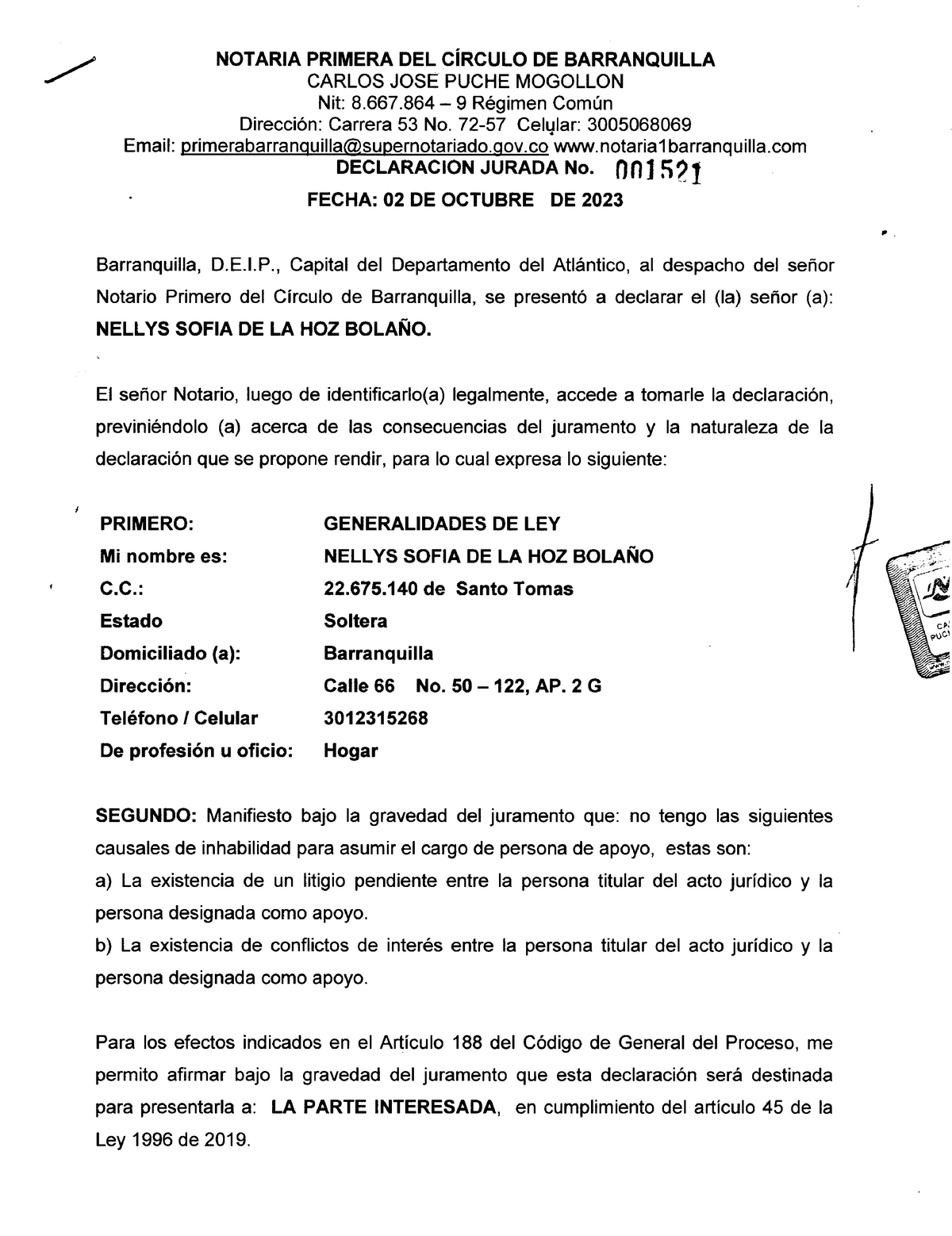 Anexos No 2 Declaracion Juramentada Nelly Y Javier De La Hoz B20231004