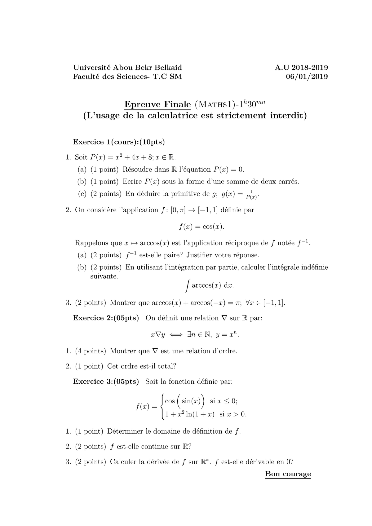 Sujet Corrige EF Math1-SM 18-19 - Universit ́e Abou Bekr Belkaid A 2018 ...