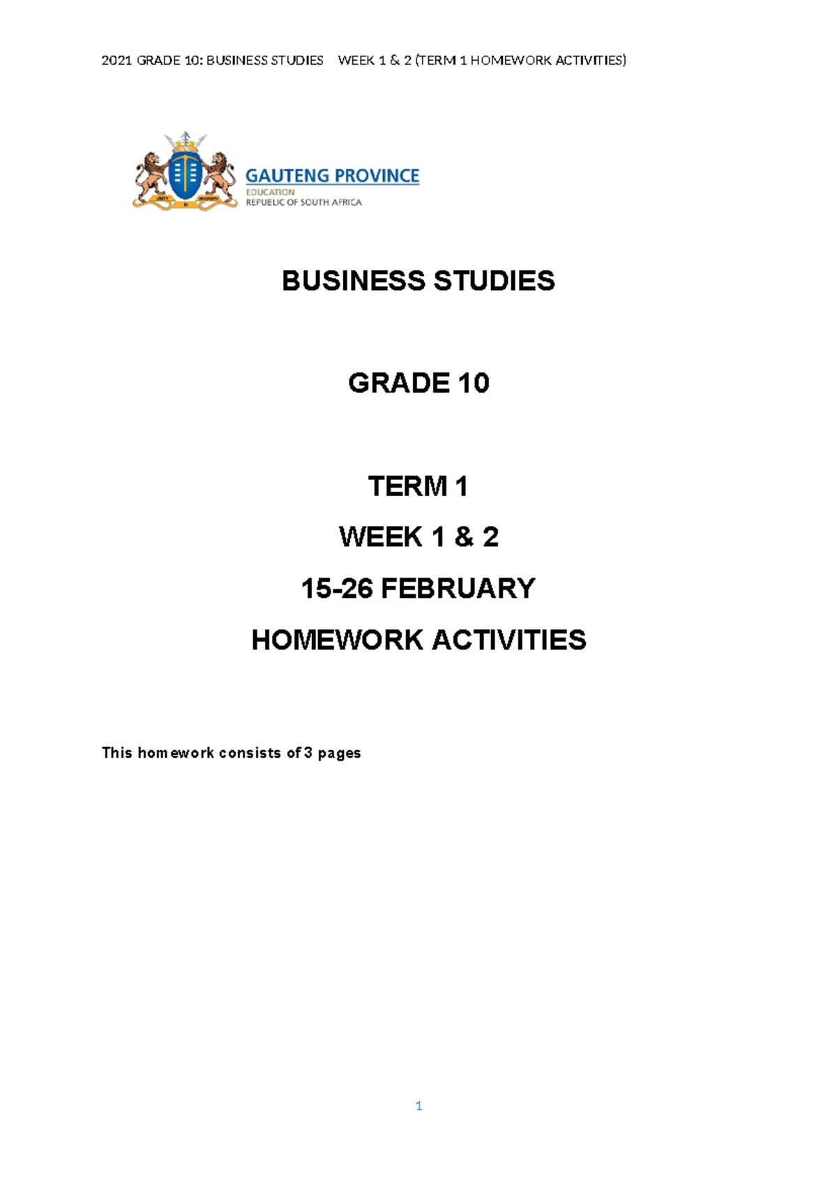 2021 BSTD Grade 10 WEEK 1 (TERM1 ) Homework Activities - 2021 GRADE 10 ...