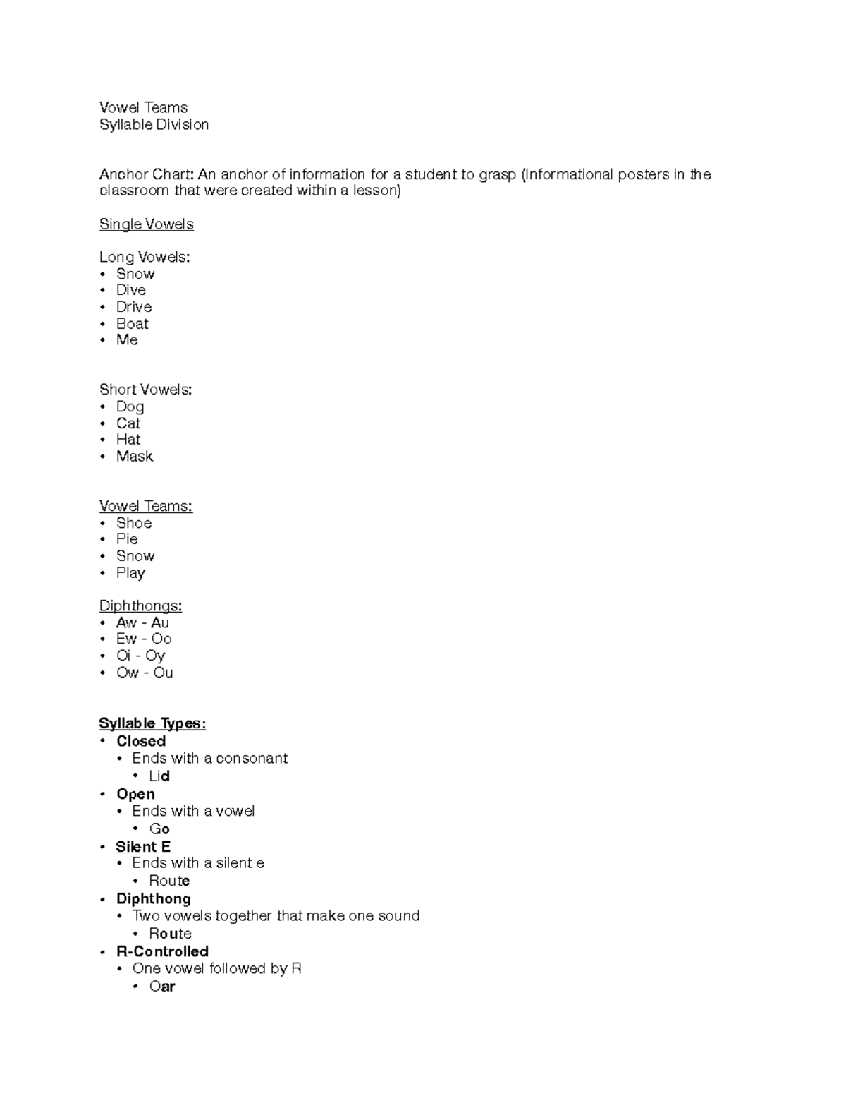 Phonics - Vowel Teams Syllable Division Anchor Chart: An anchor of ...