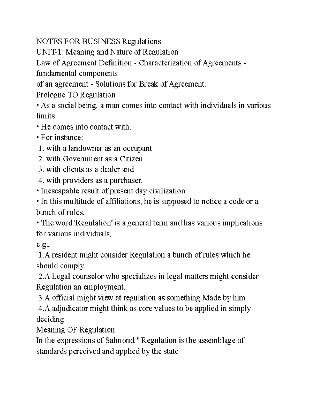 Notes FOR Business Regulations NOTES FOR BUSINESS Regulations UNIT1