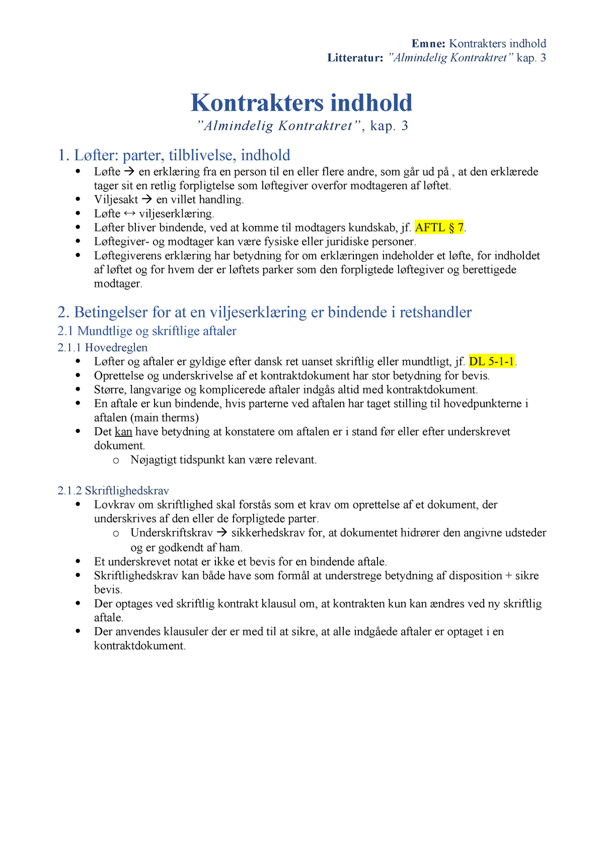 Kontraktrettens Indhold - Disposition - Mundtlig Eksamen - Litteratur ...