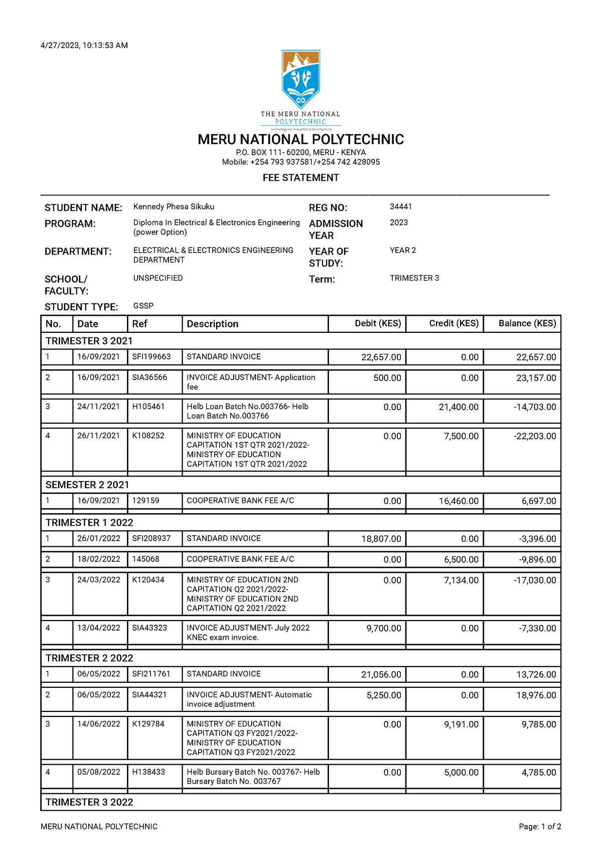 Fee Statement-34441-27 Apr 2023 - 4/27/2023, 10:13:53 AM MERU NATIONAL ...