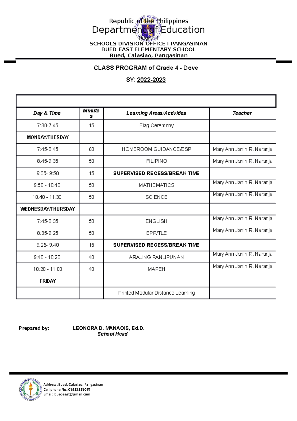 Class Program FOR Grade-4 - Department of EducationRegion I SCHOOLS ...